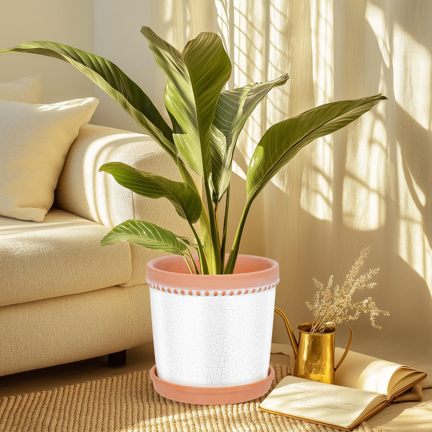 KERUITA 8 Inch Ceramic Plant Pot with Drainage and Saucer – Crackle Glaze White, Large House Plant Pot, Planters for Indoor Plants, Pots for Indoor Plants, Decorative Ceramic Pot for Home & Office