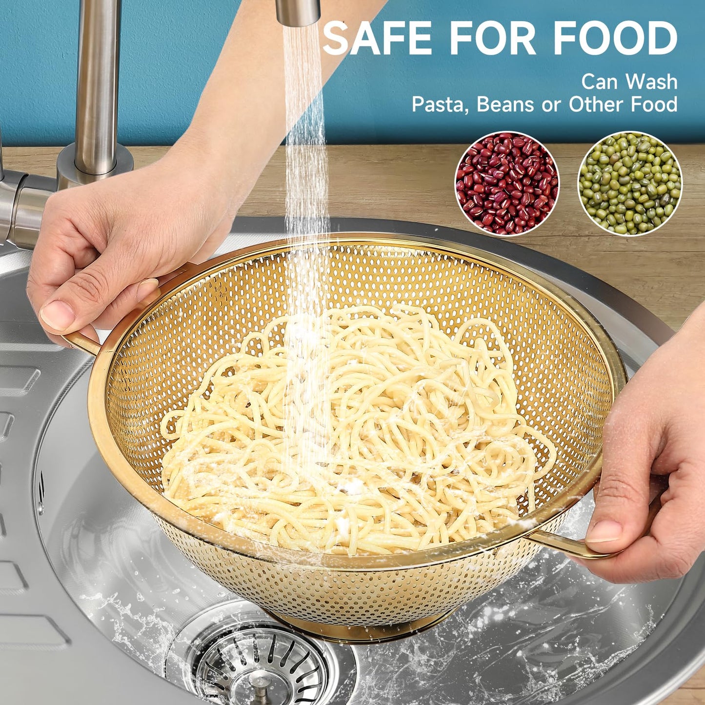 Gold Strainer for Kitchen, 3QT, Stainless Steel Colander with Handle for Fruits Vegetables Cooking Food, Dishwasher Safe