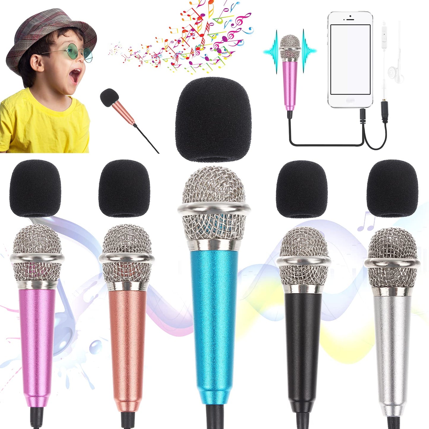 5Pcs Mini Microphone for Voice Recording, Portable Karaoke and Chatting Compatible With Smartphone iPhone, iPad, Laptop