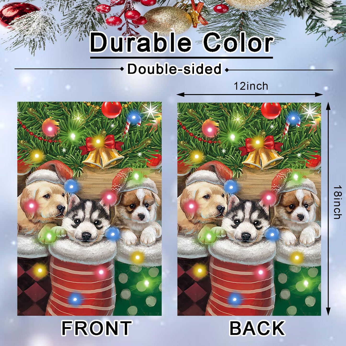 Merry Christmas Cute Cat Kitty doggy Garden Flag Decor, Winter Yard Flag Outdoor with Led String Lights, 12x18 Double-Sided House Flags for Farmhouse Outdoor Decoration