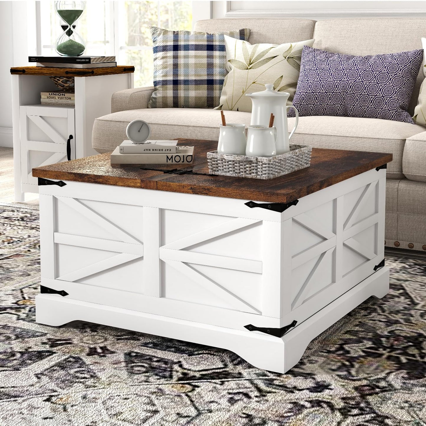 oneinmil 3-Piece Farmhouse Table Set Includes 31” Coffee Table and Side Tables with Storage Space, Retro Tables for Living Room, White
