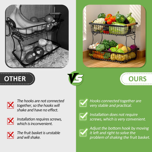 Astrorhine 2 Tier Fruit Basket for Kitchen with 2 Banana Hangers, Detachable Metal Fruit Bowl for Kitchen Counter with Wooden Handle, Large Capacity Storage Stand for Bread Snack Fruit Veggies, Black