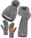 Womens Beanie Hat Scarf Gloves Set, Fleece Lined Winter Hat with Pom Pom, Long Knit Scarf Touchscreen Gloves for Cold Weather