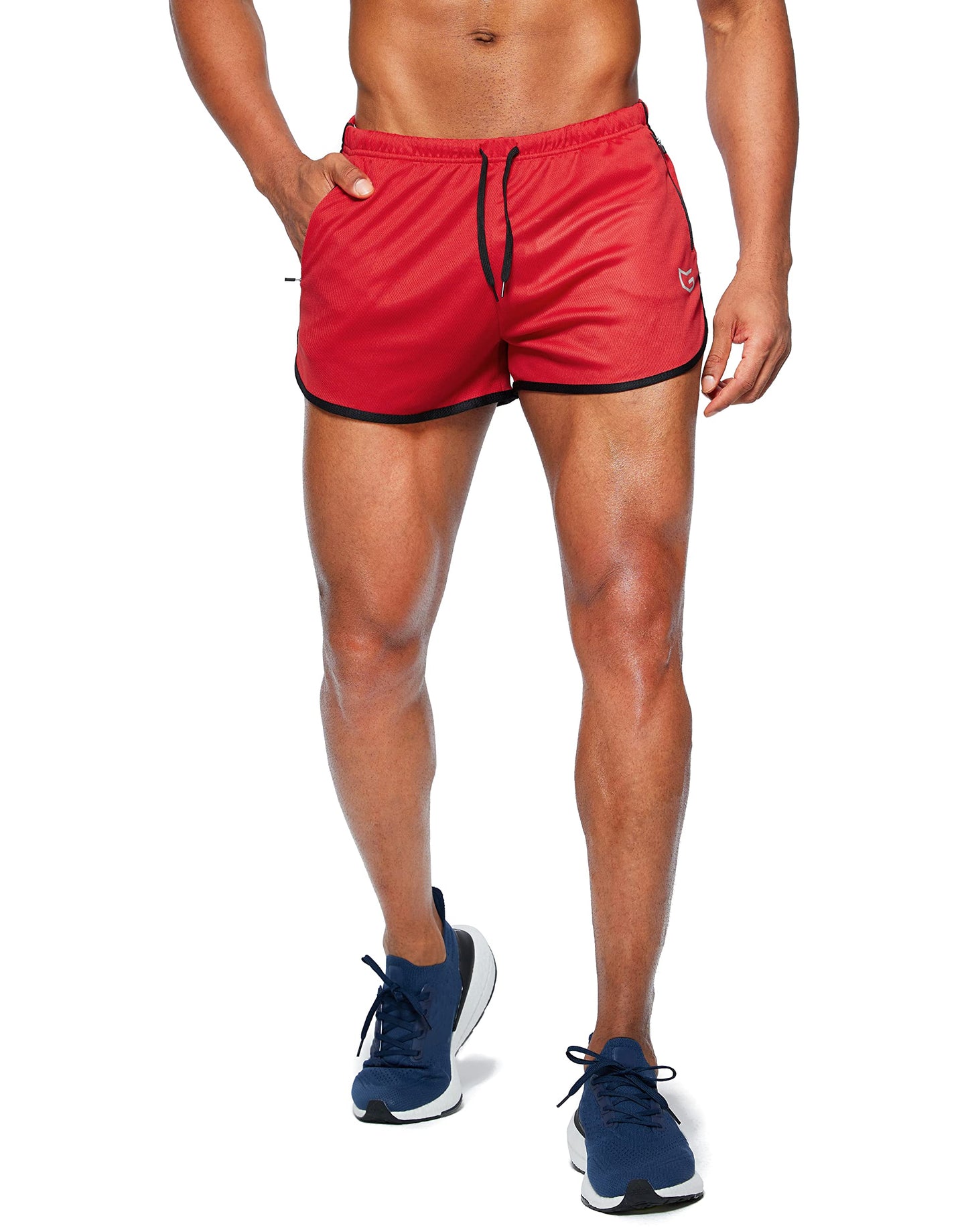 G Gradual Men's Running Shorts 3 Inch Quick Dry Gym Athletic Jogging Shorts with Zipper Pockets (Red, Large)