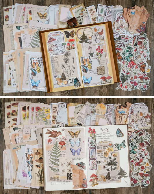 Knaid Vintage Scrapbook Supplies Pack (200 Pieces) for Junk Journal Bullet Journals Planners Botanical Paper Stickers Craft Kits Aesthetic Cottagecore Collage Album (Nature)