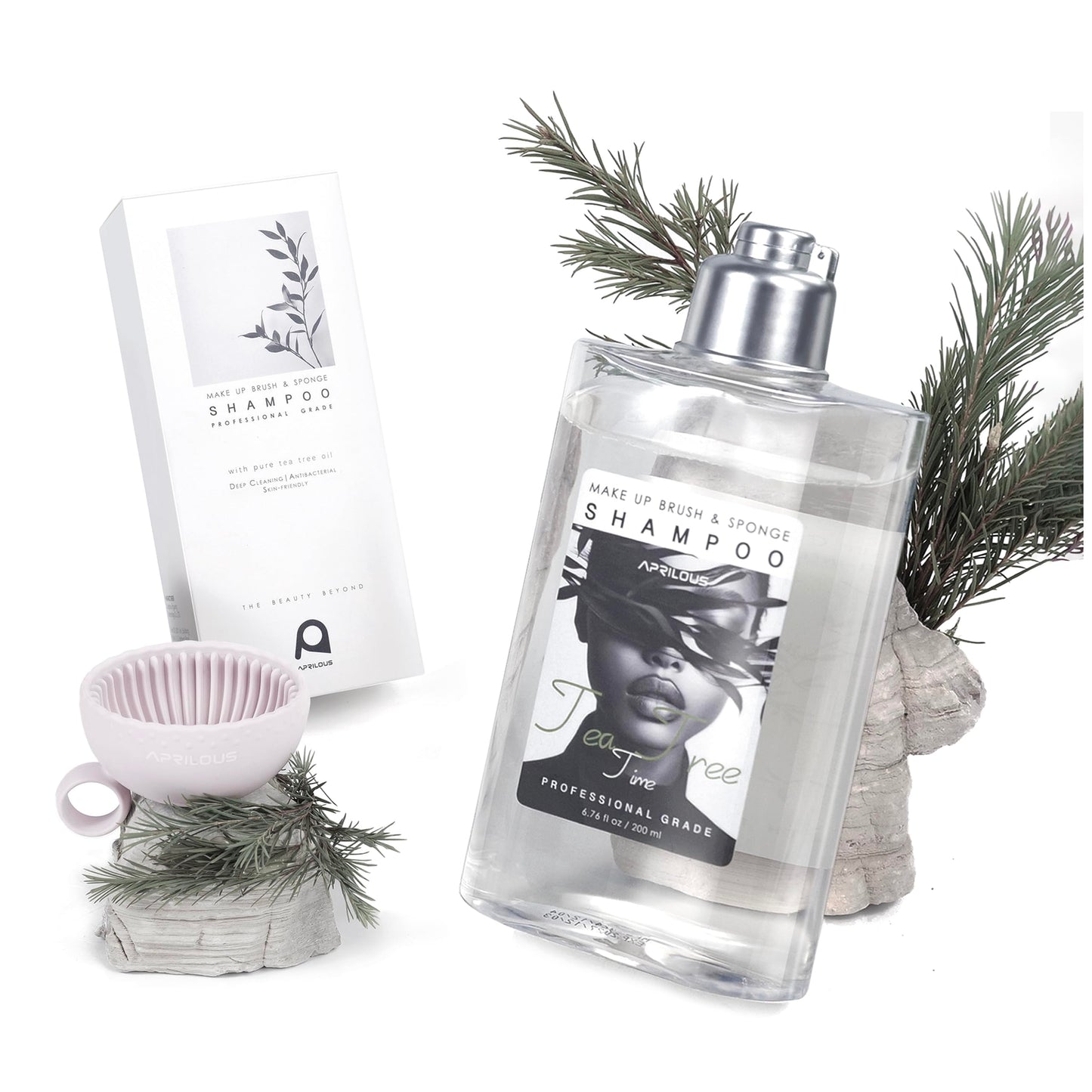 Aprilous Makeup Brush Cleaner with Silicone Mat, Tea Tree Oil, Shampoo for Sponges & Puffs, Deep Cleaning, Antibacterial, Conditions Bristles, Gentle, Vegan & Cruelty-Free, 6.76 fl.oz