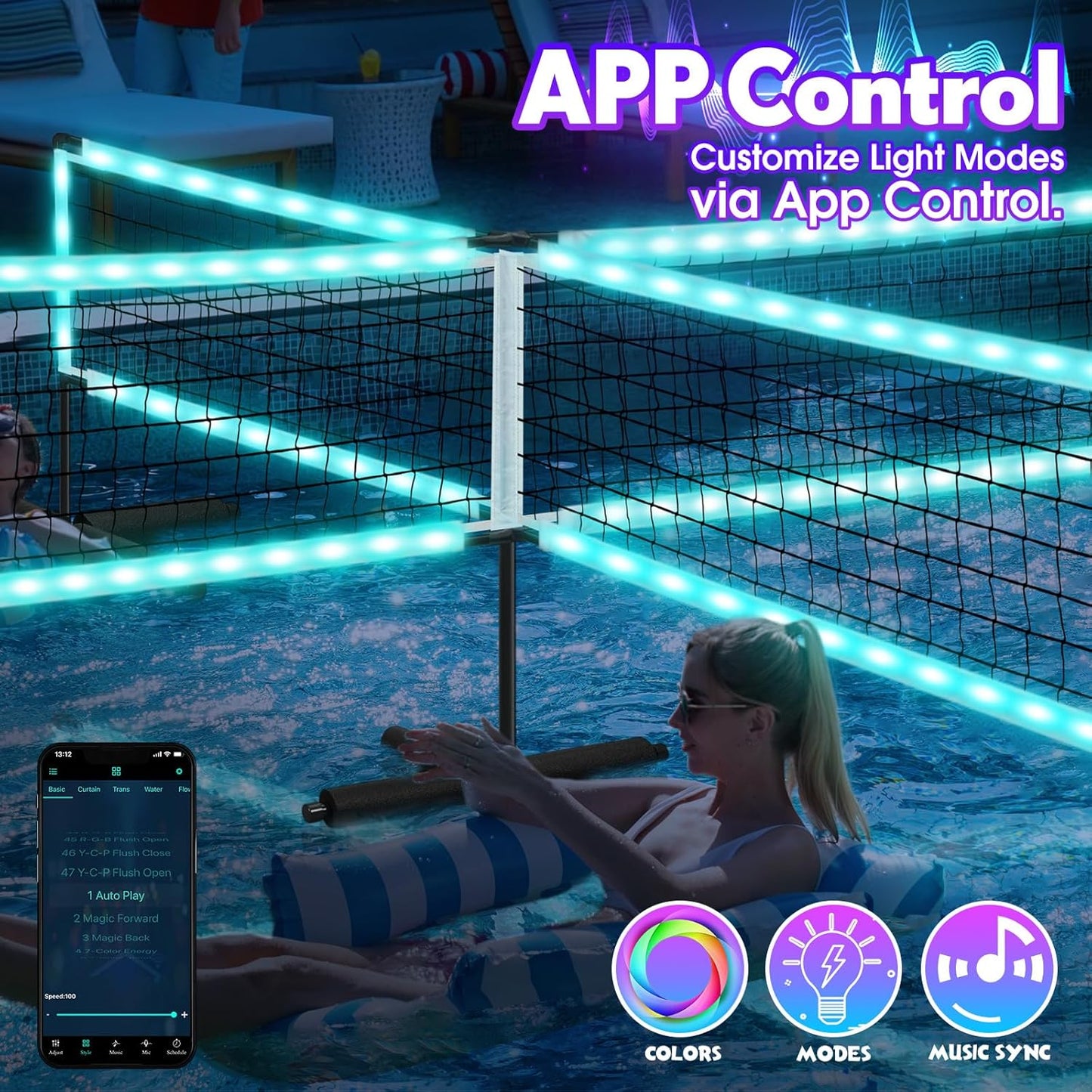 LED 4-Way Pool Volleyball Net, Light-Up Four Square Volleyball Pool Game Set with LED Water Balls, App & Remote Control, Music Sync – 4-Player Swimming Pool Party Toy Game for Adults & Family