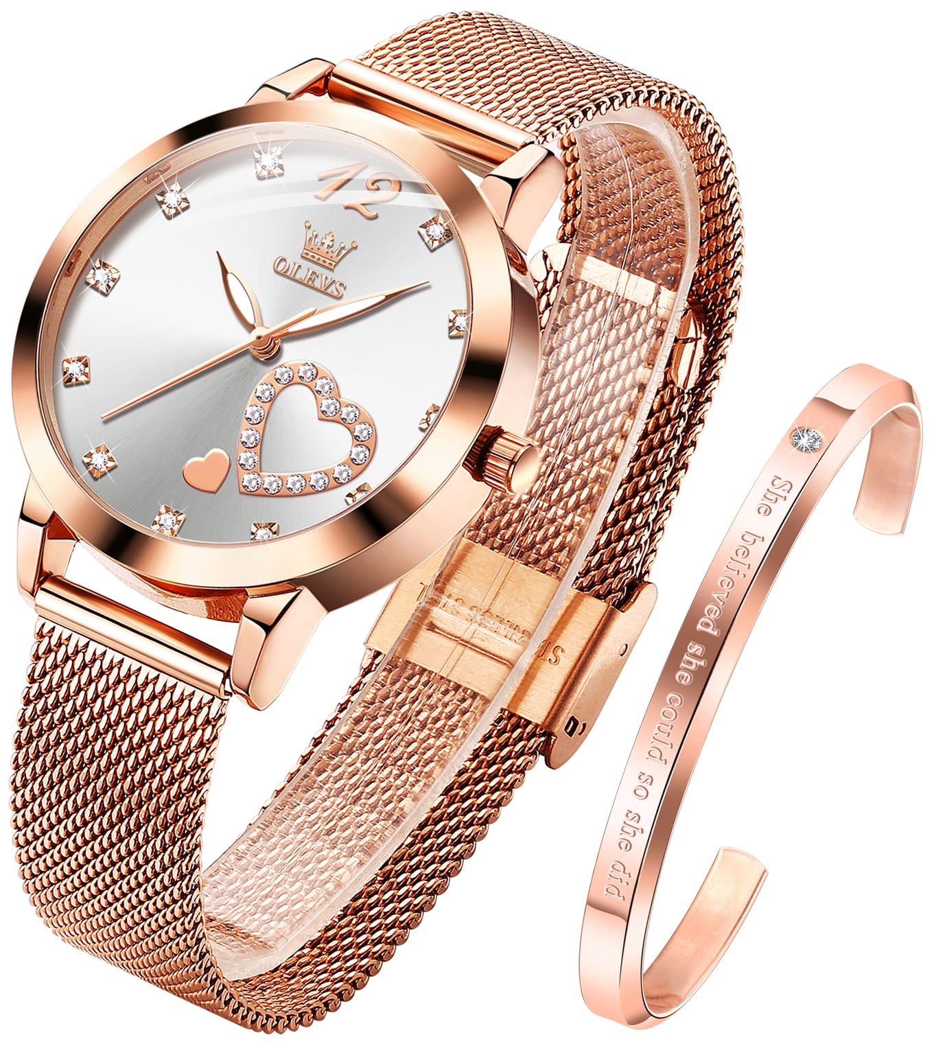 OLEVS Women's Rose Gold Watches Heart Diamond Japanese Quartz Movement Ladies Wristwatch Big Face Waterproof Mesh Belt Watch and Bracelet Set