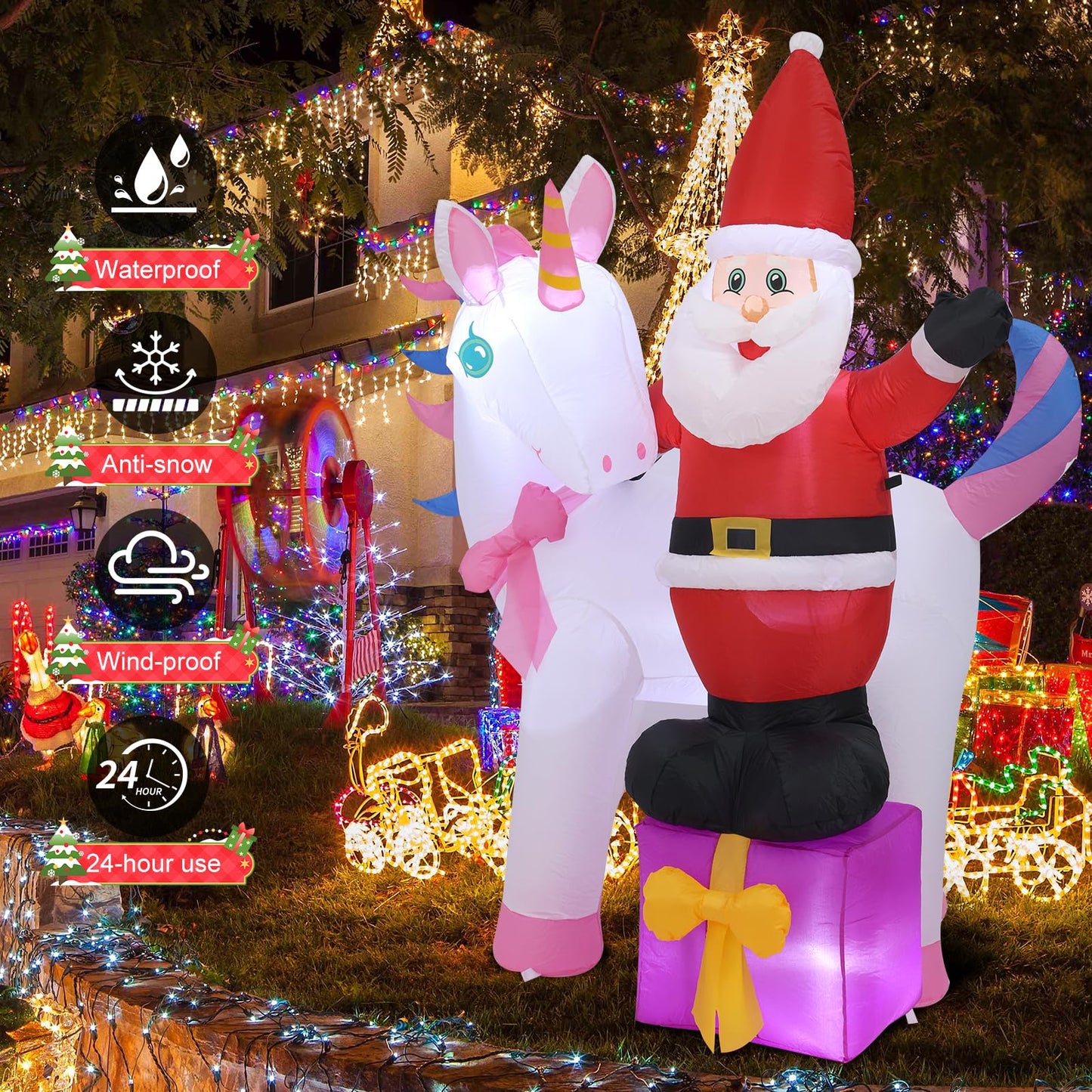 InfleasJoiy 6FT Old Man Unicorn Christmas Inflatable Decoration with LED Lights for Holiday Celebration Decorations on Yard, Lawn and Patio