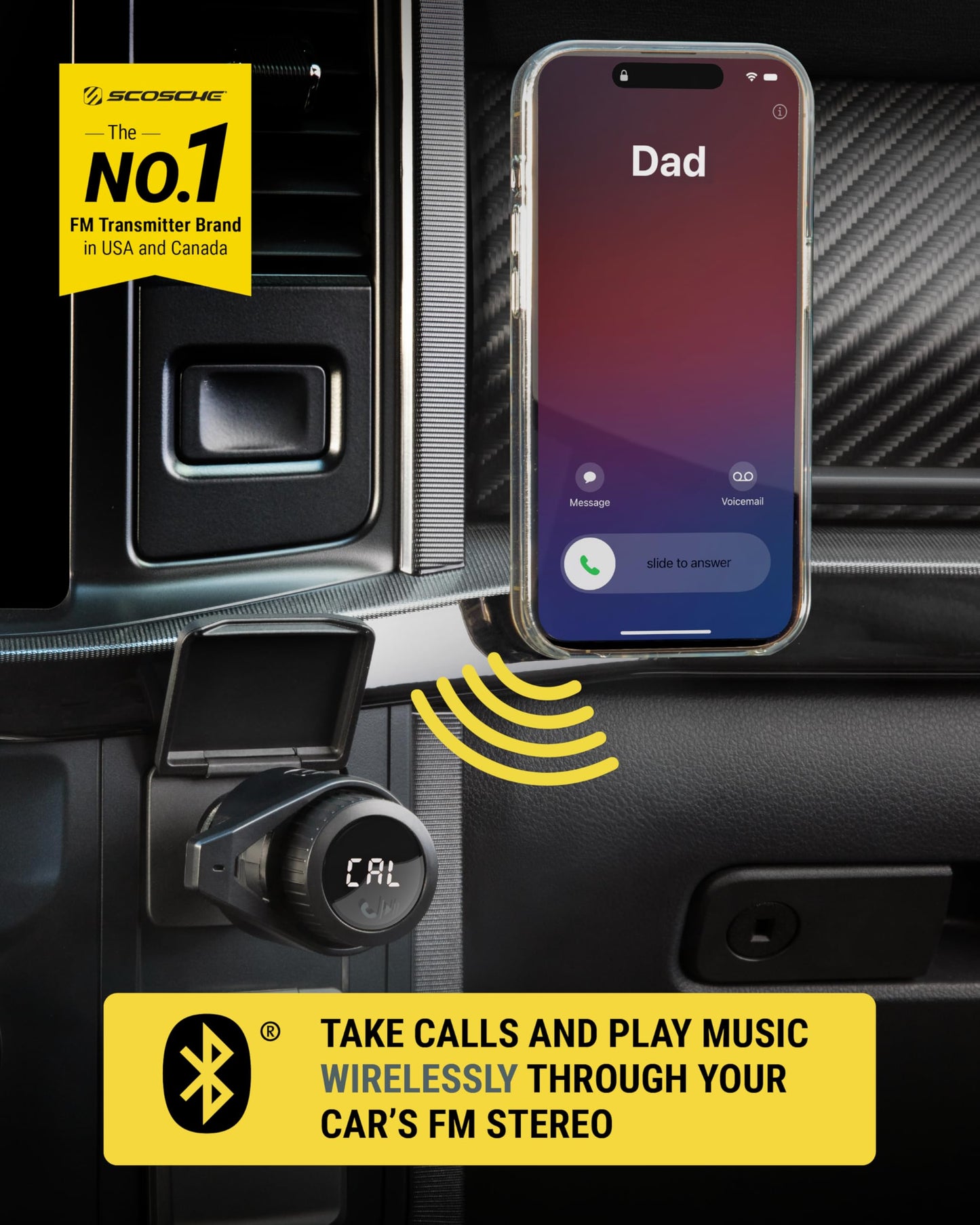 Scosche BTFM9 FM Bluetooth Transmitter Car, Dual 12W USB-C and USB-A Charging Ports, Fast Type C Car Charger, Wireless Radio Bluetooth Adapter, Hands-Free Kit for Calls, Siri and Google Assistant