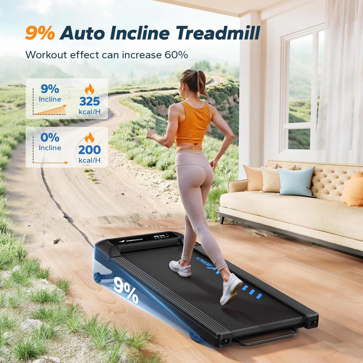 MERACH Walking Pad Treadmill with 9% Auto Incline, 2.5HP Quiet Under Desk Treadmills for Home & Office, Portable Small Treadmill with Magnetic Remote Control, APP, 3 Preset Programs