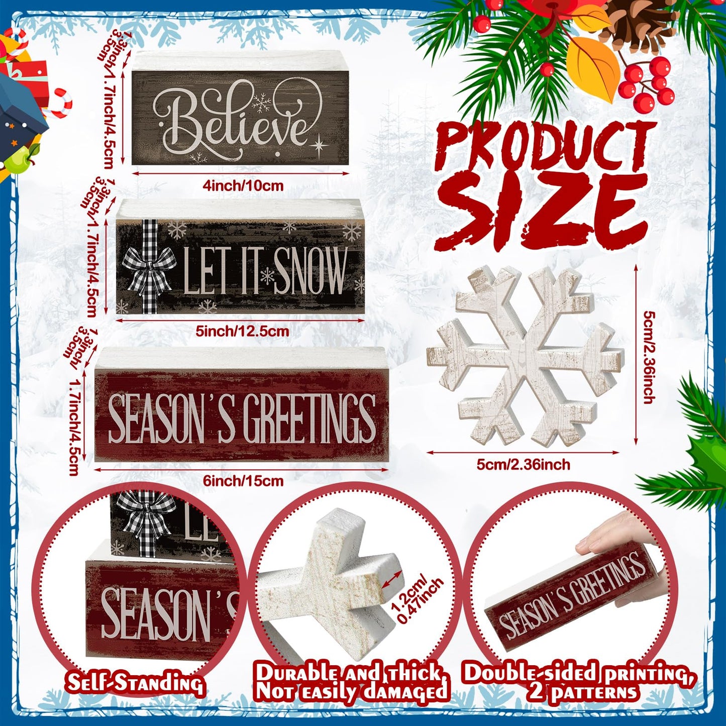 Moucuny 4 Pcs Winter Decorations for Home Reversible Christmas Winter Table Sign Wooden Snowflake Decoration Double Side Christmas Tiered Tray Decor Holiday Table Centerpiece for Xmas Home Decor