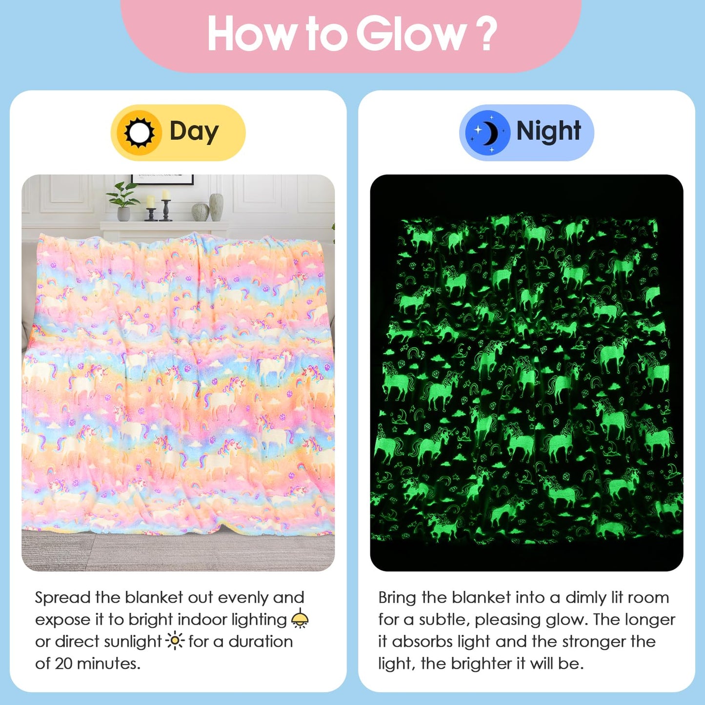 KIRMIKU Glow in The Dark Blanket Unicorns Gifts for Kids, Soft Unicorns Blanket Gift Toys for Toddler Girls Age 2-16 Birthday Christmas 50""x60"", A0003
