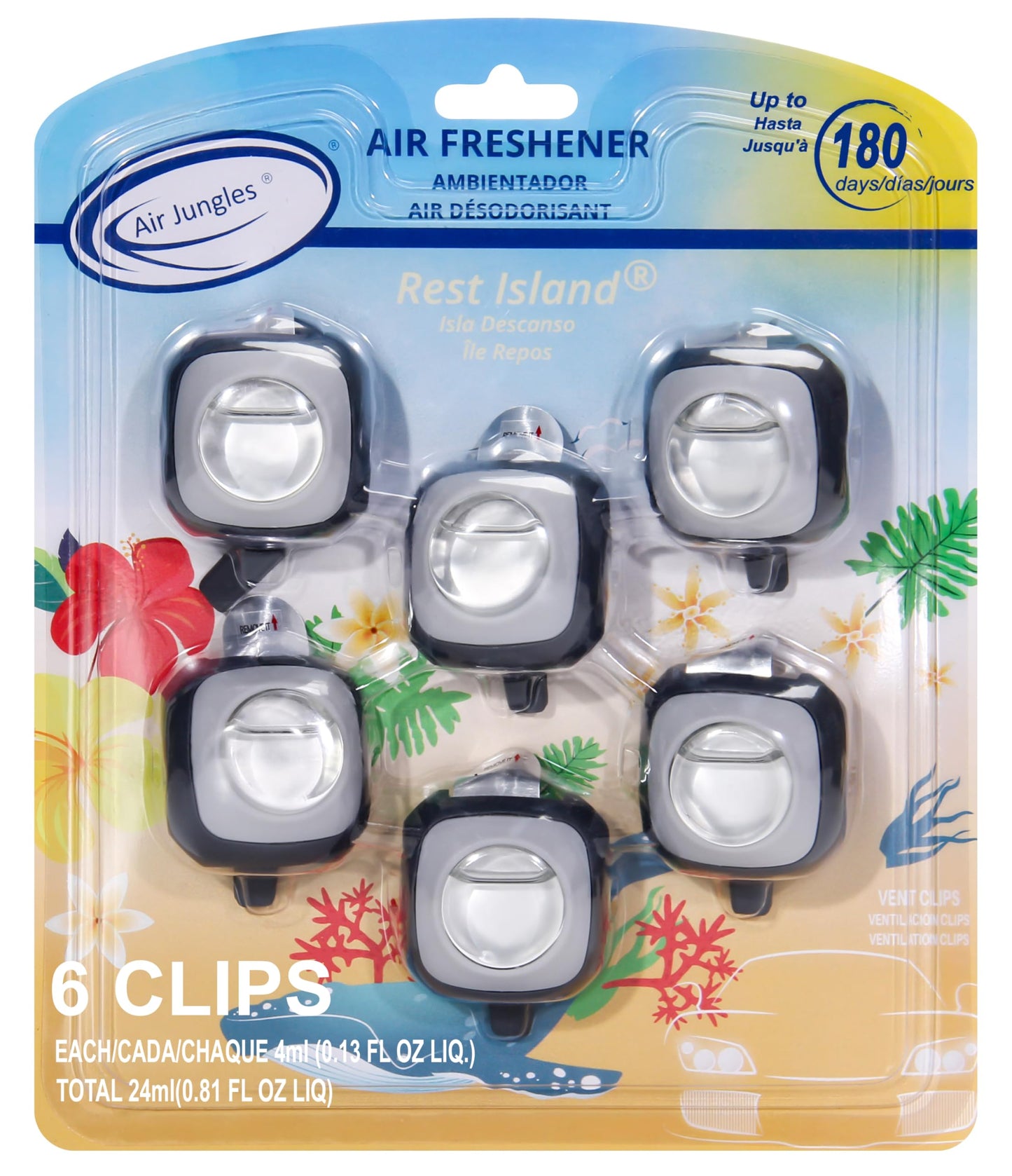 Air Jungles Honey Peach Scent Car Air Freshener Clip, 6 Vent Clips, 4ml Each, Long Lasting Air Freshener, Up to 180 Days Car Refresher Odor Eliminator