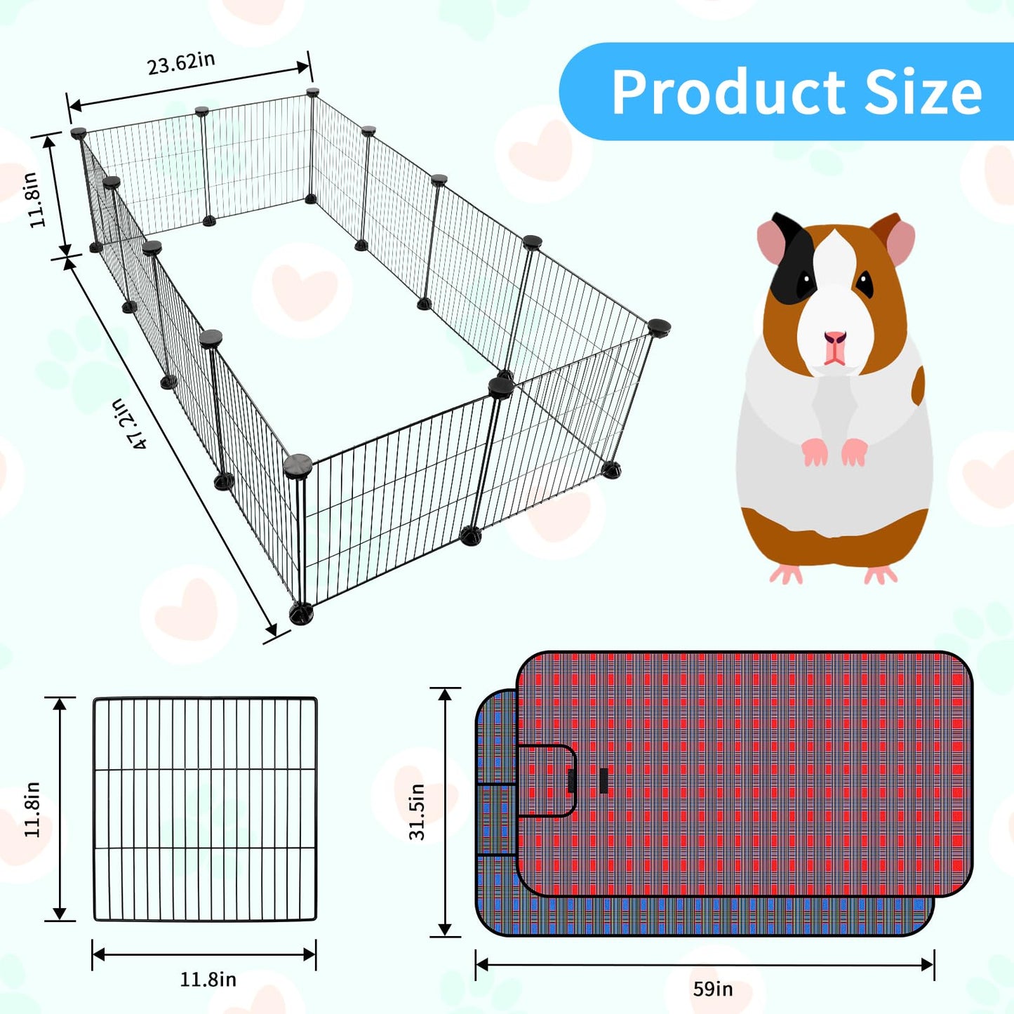 Midollarle Pet Playpen with Mat, Small Animal Cage with Mat, Guinea Pig Cages, Puppy Pen for Indoors with Colorful Mat, 12 Panels Interior Metal Wire Yard Fence