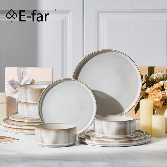 E-far 12-Piece Plates and Bowls Sets, Stoneware Dinnerware Dishes Sets for 4, Kitchen Modern Dining Dishware, Chip & Scratch Resistant, Microwave & Dishwasher Safe, Creamy Beige