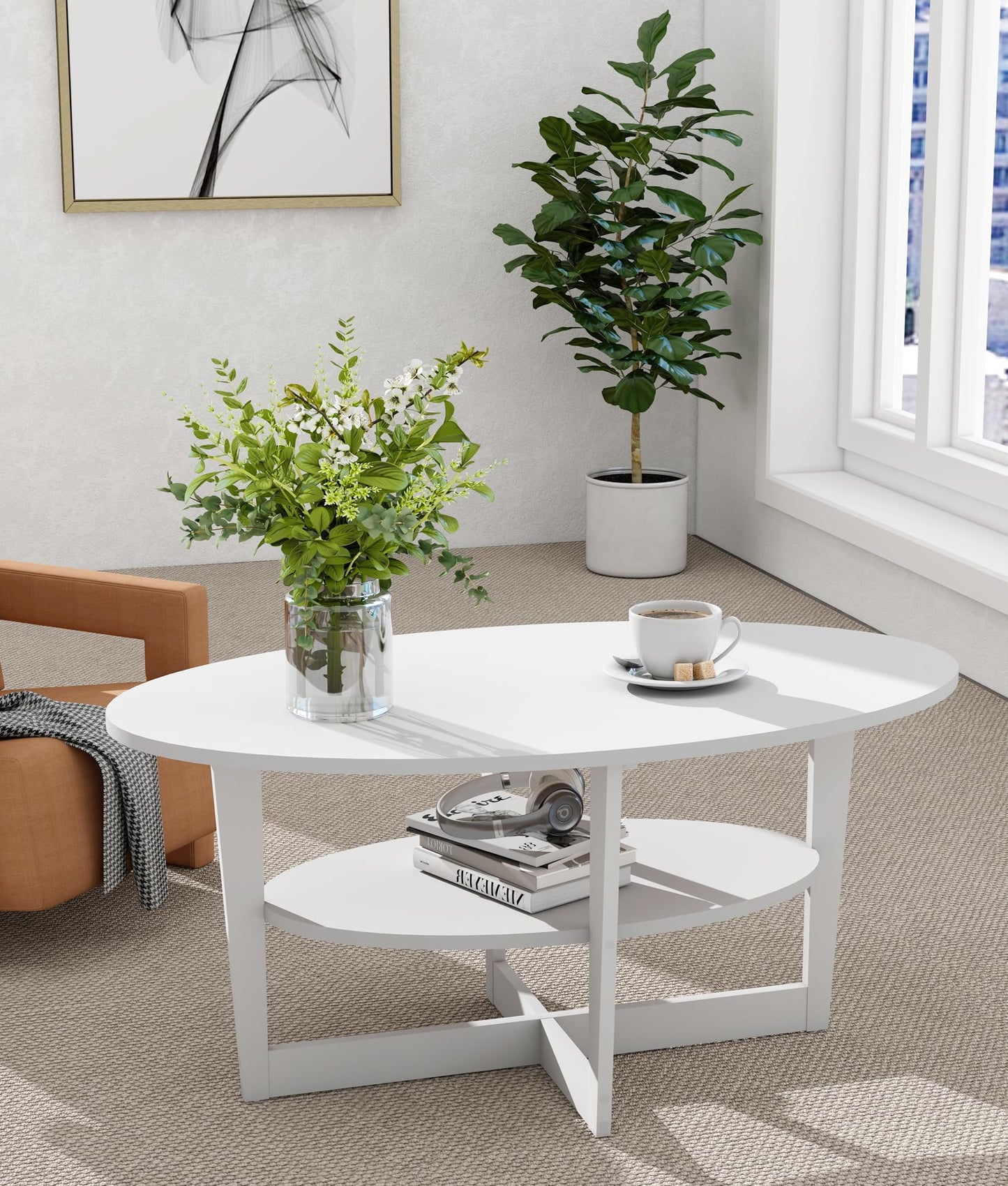 VPSMAT Coffee Table for Living Room, 2-Tier Round Wood Center Table with Storage Shelf Modern Design Home Furniture for Apartment White