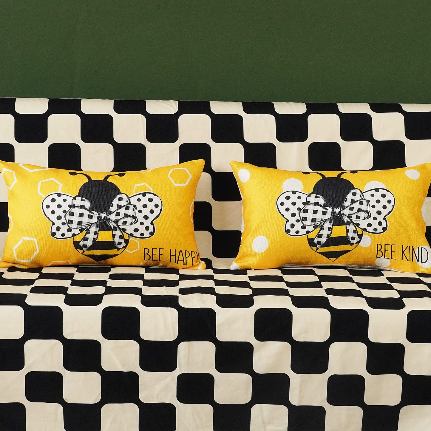 ONWAY Bees Summer Throw Pillow Covers 12x20 Inch Set of 2 Stripes Polka Dots Honey Bee Yellow Decorative Lumbar Farmhouse Cushion Case for Sofa Couch Home Bed
