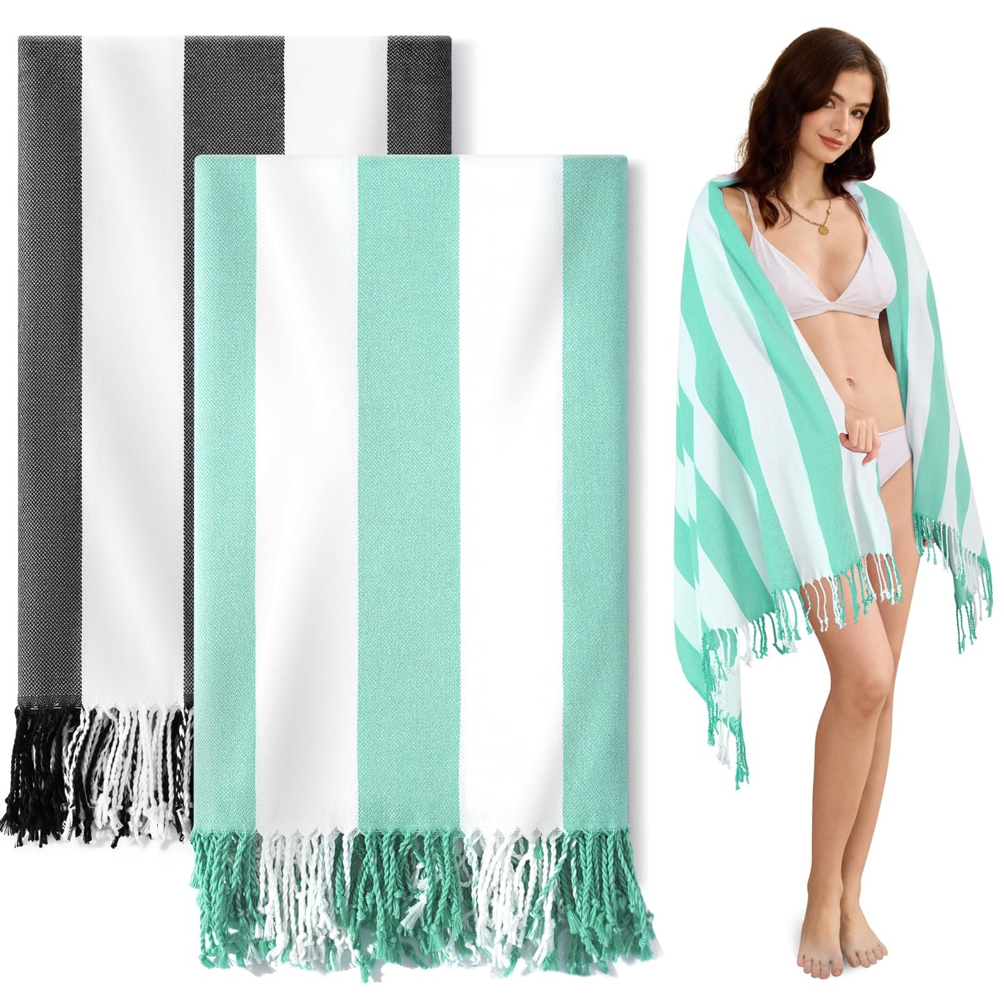 Genovega 2 PacksOversized Turkish Beach Towels 74"x38" Thin Quick Dry Sand Free Pool Swim Bathing Towel Extra Large Blanket Adult Travel Essentials Accessories Summer Vacation LightGreen Pink Stripe