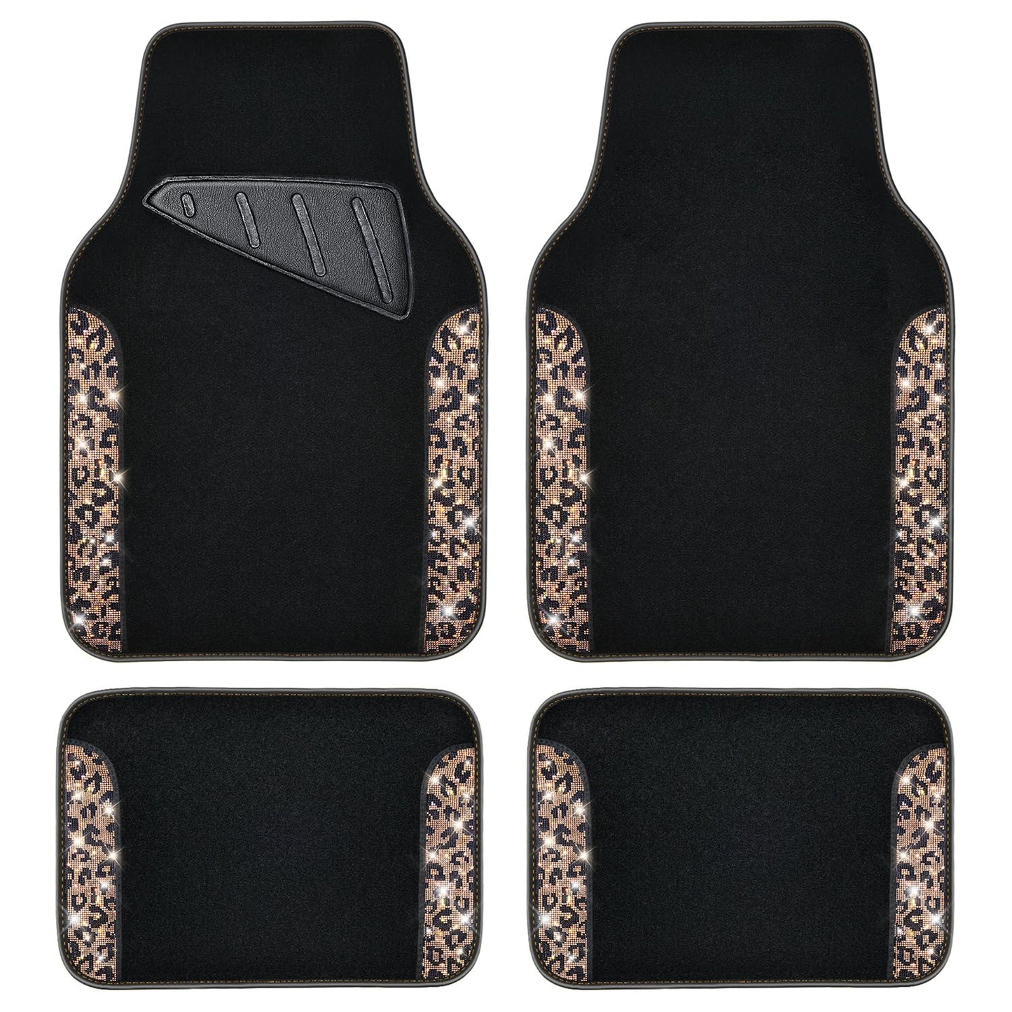 CAR PASS Bling Diamond Car Floor Mats, Shining Rhinestone Carpet Sparkly Glitter Crystal with Anti-Slip PVC Heel Pad Waterproof Universal Fit Automotive SUV,Sedan,Van,Cute Girl Women,4pcs Black Sliver