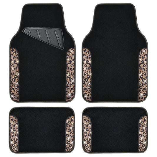 CAR PASS Bling Diamond Car Floor Mats, Shining Rhinestone Carpet Sparkly Glitter Crystal with Anti-Slip PVC Heel Pad Waterproof Universal Fit Automotive SUV,Sedan,Van,Cute Girl Women,4pcs Black Sliver