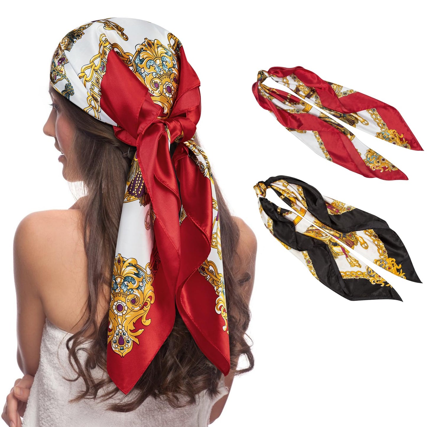 Senker Fashion 35" Head Scarf for Women, Pirate Costume Accessories Silk Red Bandana for Hair Wrapping and Sleeping