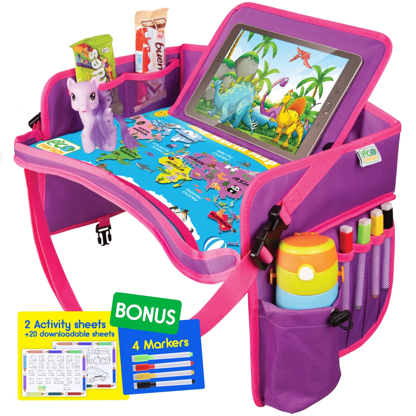 Car Seat Tray for Toddler - Waterproof Carseat Table Top - Kids Travel Tray - Travel and Road Trip Essentials Kids - Lap Desk with Storage -Baby Airplane Travel Accessories (Black)