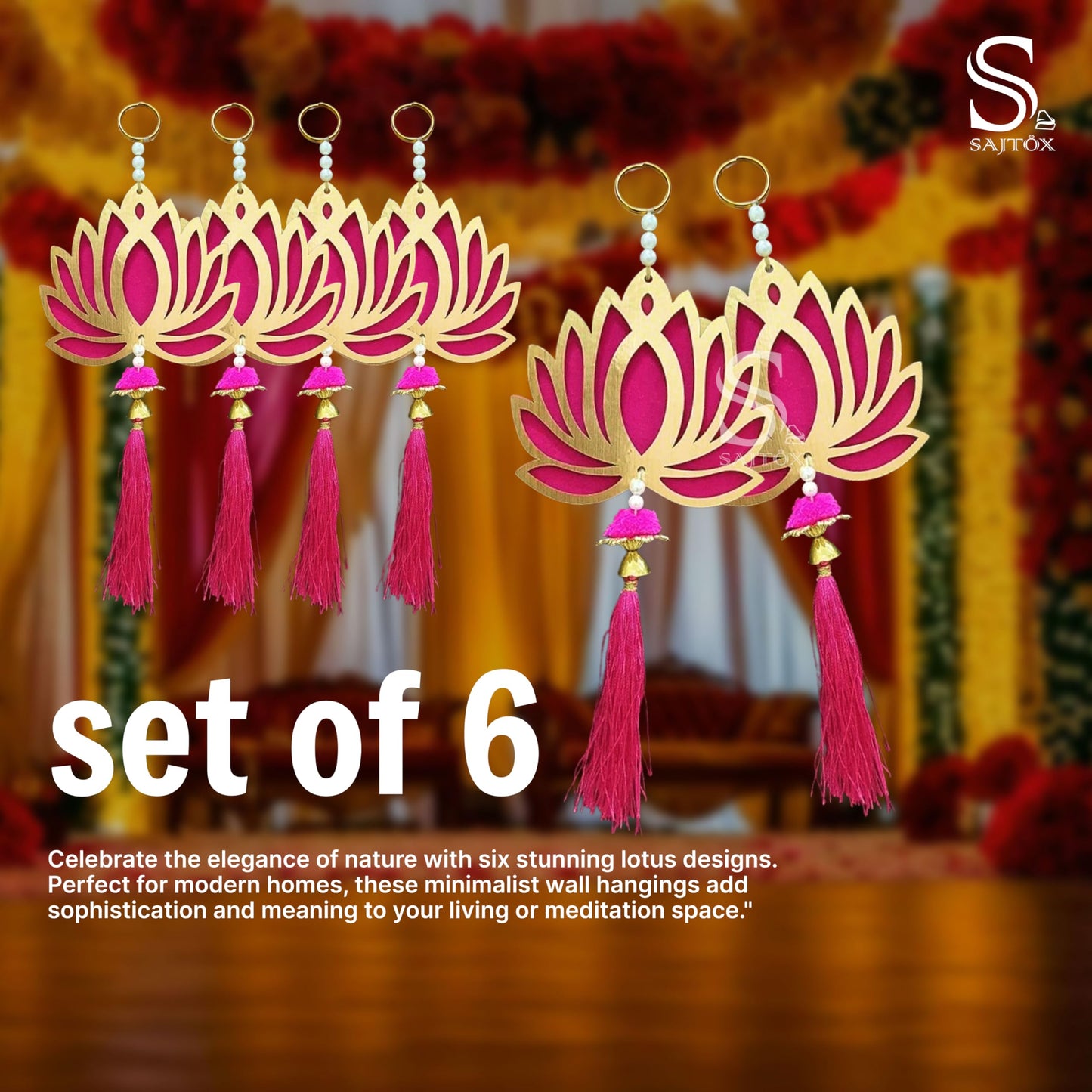 Lotus Hangings for Decoration MDF Floral Wall Hangings for Fastive Decor Temple Pooja Room Gift Ready Packaging (Pack of 6)