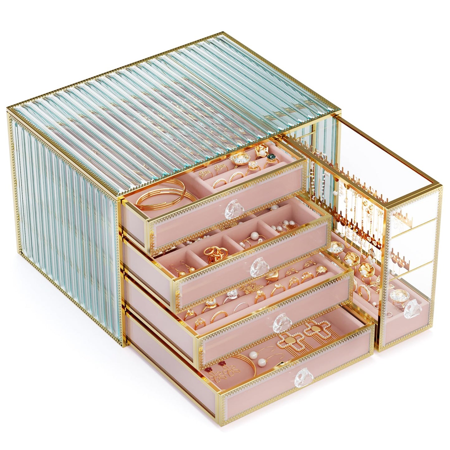 Youdepot Jewelry organizer box-Tempered Glass 5-Drawer jewelry boxes for women, Large Jewelry Boxes & Organizers With Velvet Necklaces Earring Organizer.