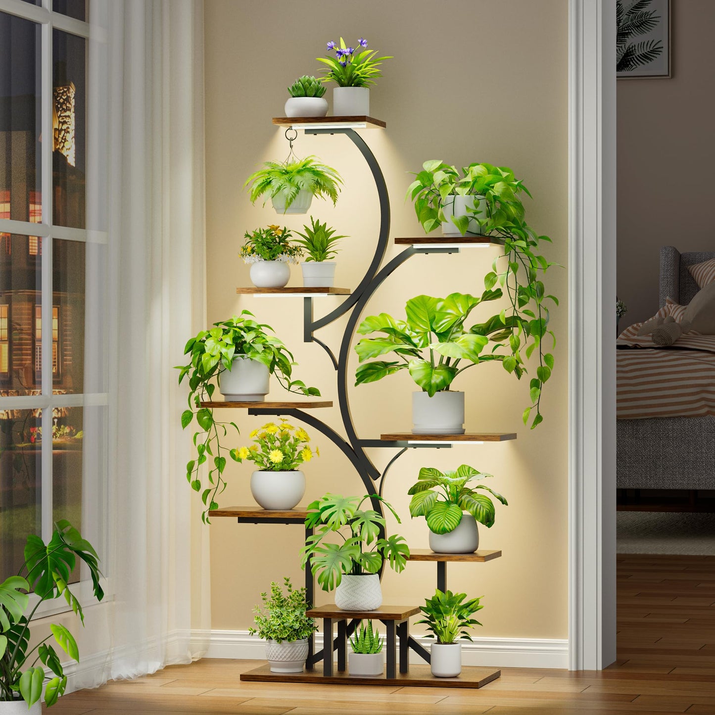 Plant Stand Indoor with Grow Light: Lighted Plant Stands 54.6" Tall, 9 Tiered Large Plant Shelf for Indoor Growing, S-Shaped Flower Holder Display for Multiple Plants, Living Room, Patio (Black)