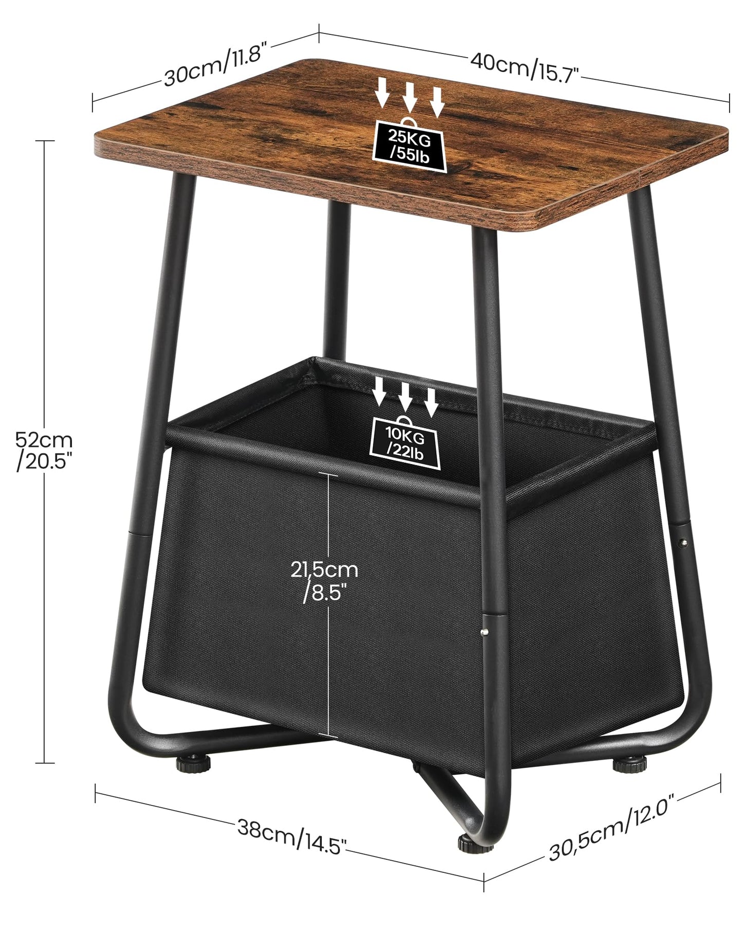 CHOEZON Small Side Table, Nightstand with Detachable Oxford Fabric Basket, Bedside Table, for Small Spaces, End Table, for Nursery, Living Room, Bedroom, Rustic Brown TBZ13BF