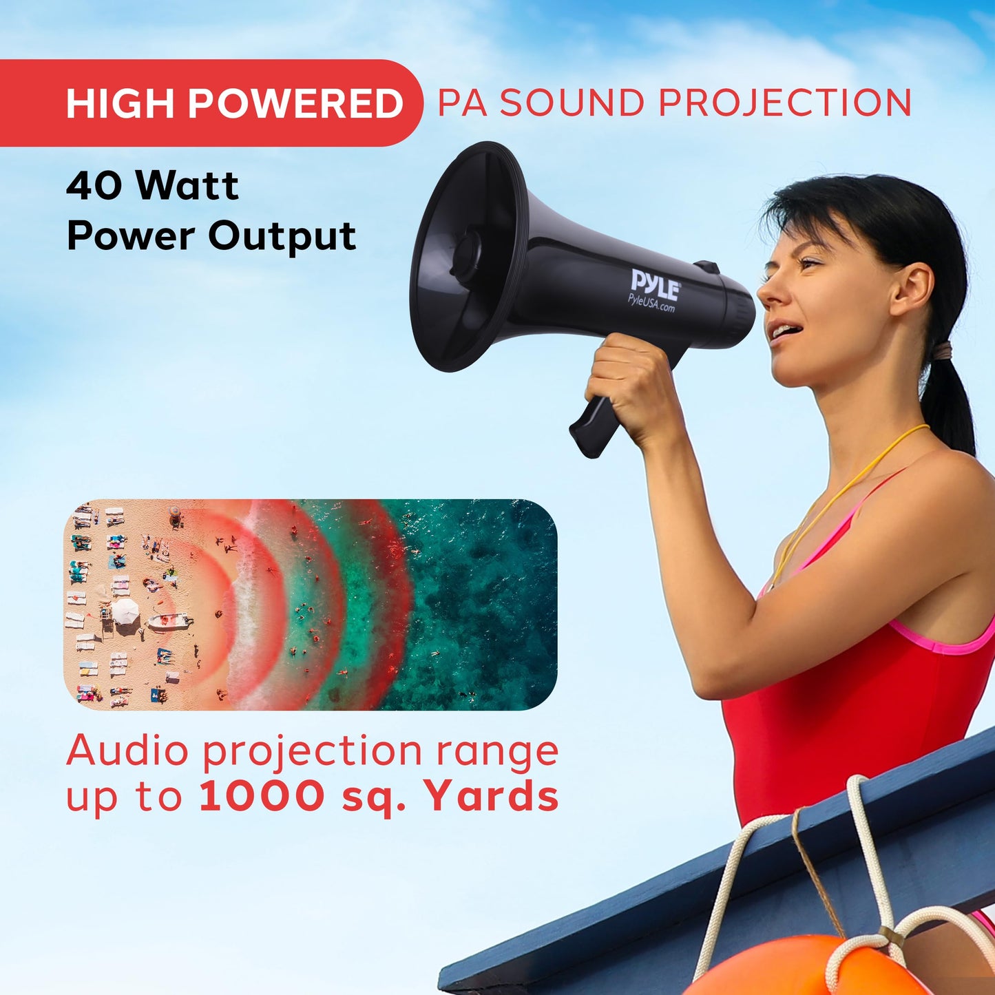 Pyle Megaphone Speaker PA Bullhorn Built-in Siren - Adjustable Volume Control & 1000 Yard Range - for Football, Soccer, Baseball, Hockey & Basketball Cheerleading Fans & Coaches or for Safety Drills