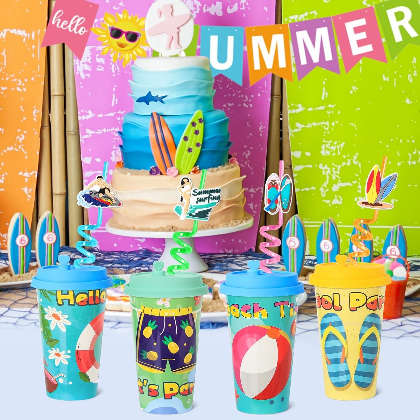 Beach Party Favors Goodie Cups, 24 Pack Birthday Party Cups in 4 Designs, 16OZ Reusable Beach Ball Pool Summer Plastic Party Supplies Decorations Cups with Lids Plugs for Kids Baby Shower