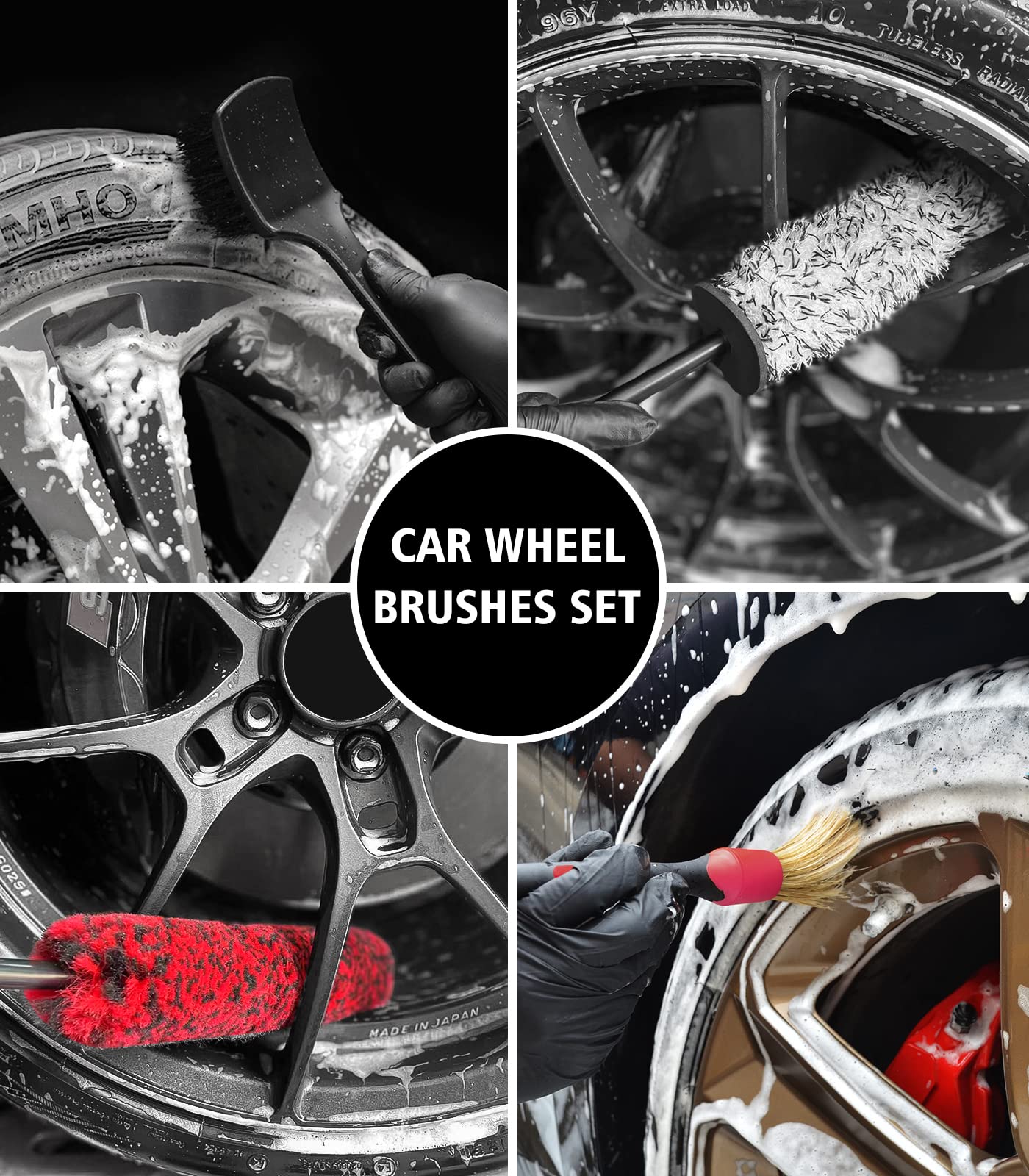 YeewayVeh 4Pack Car Wheel Cleaning Kit, Bendable Wheel Brush and Microfiber Rim Cleaner Brush, Tire Brush and Car Detailing Brush, Soft & No-Scratch Car Wheel Rim Brush Set for All Wheel Types, Red