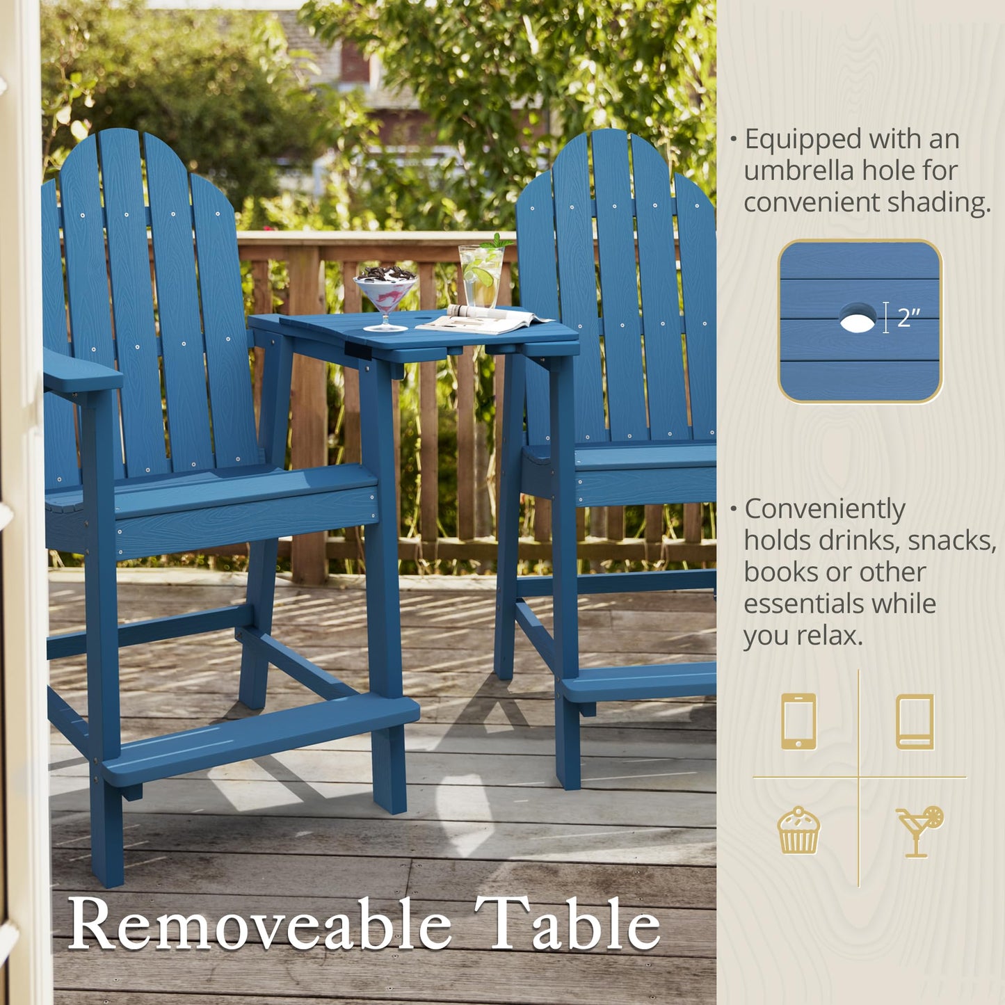 LUE BONA Tall Adirondack Chairs Set of 2, Recycled Poly Adirondack Chair Bar stools with Cup Holder, 25.6", 300Lbs, Eco-Friendly, Weather Resistant Lifeguard Chair for Balcony,Deck