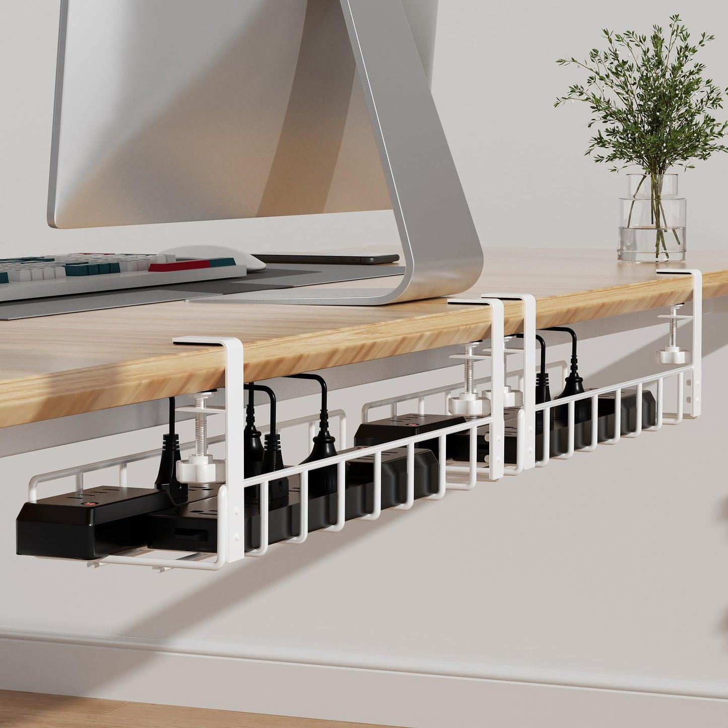 2 Pack Cable Management Under Desk Tray, 31.4" No Drill Under Desk Wire Management with Upgraded Clamp, Metal Cord Organizers for Desk with Cable Organizers, PC Cable Management Rack, Black