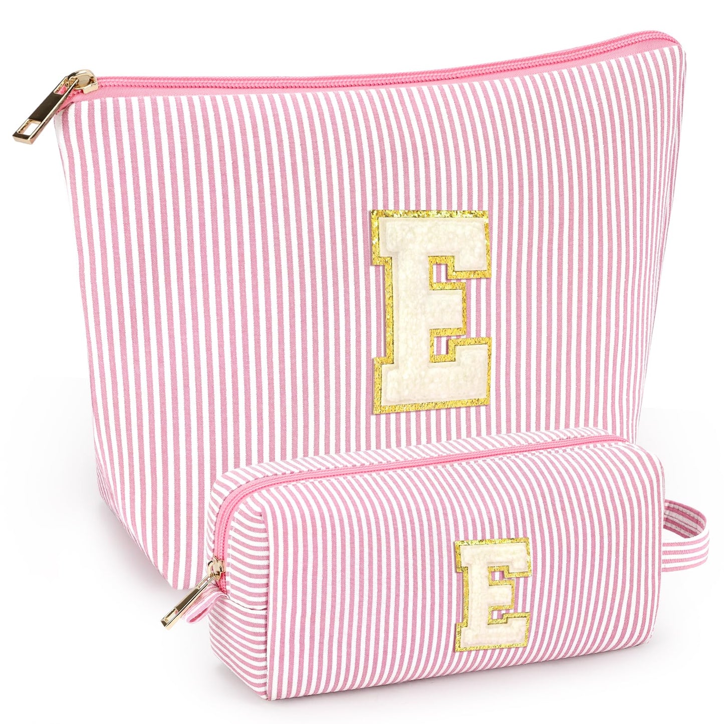 2 PCS Initial Makeup Bags for Women: Cosmetic Bag for Travel Toiletry - Birthday Gifts for 11 12 13 14 15 16 17 18 Years Old Girl Graduation Teacher Gift- Teen Girl Gifts Trendy Stuff - Pink A