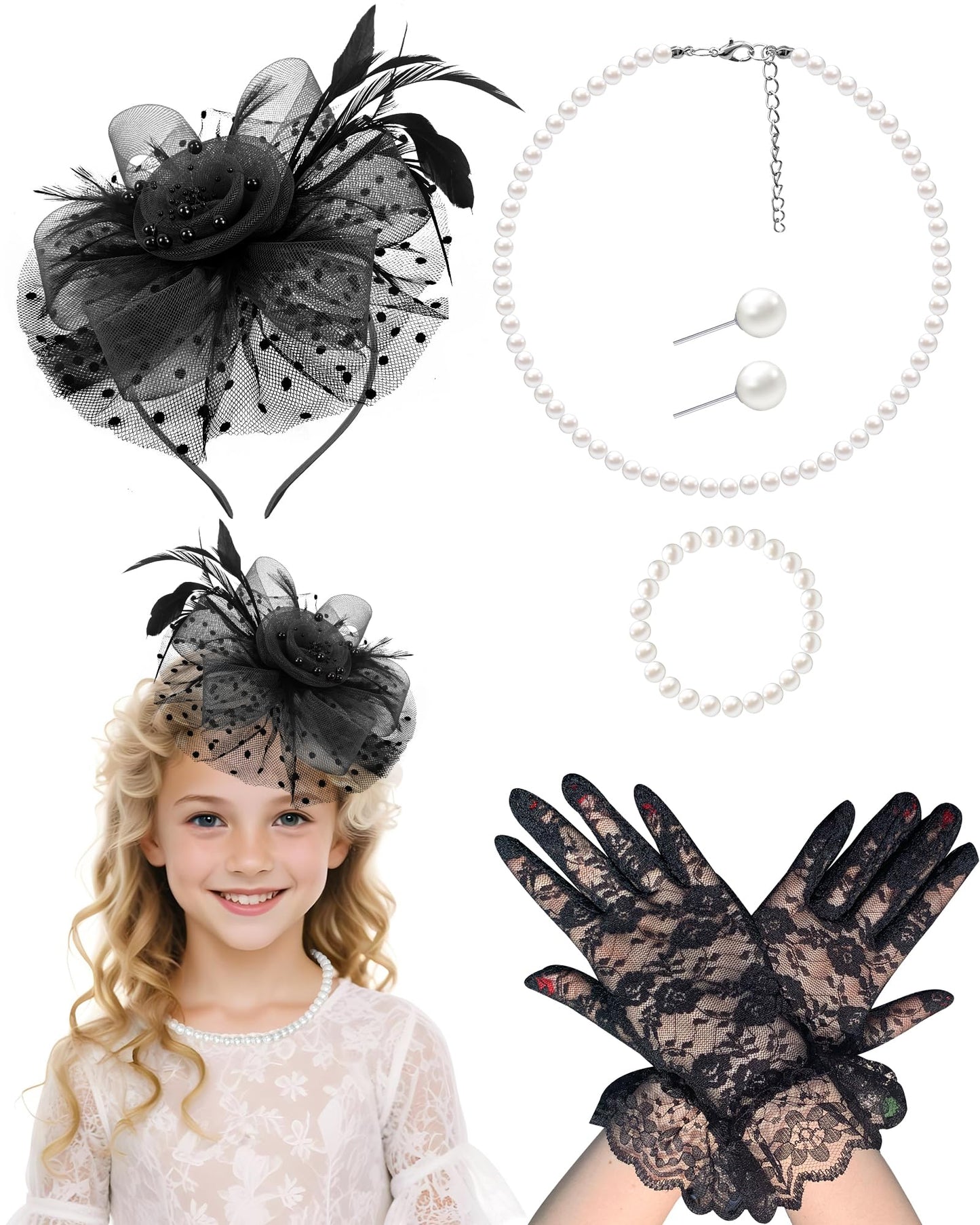 Girls Tea Party Fascinators Hats with Lace Gloves Pearl Necklace Earring Jewelry for Tea Party Wedding Accessories