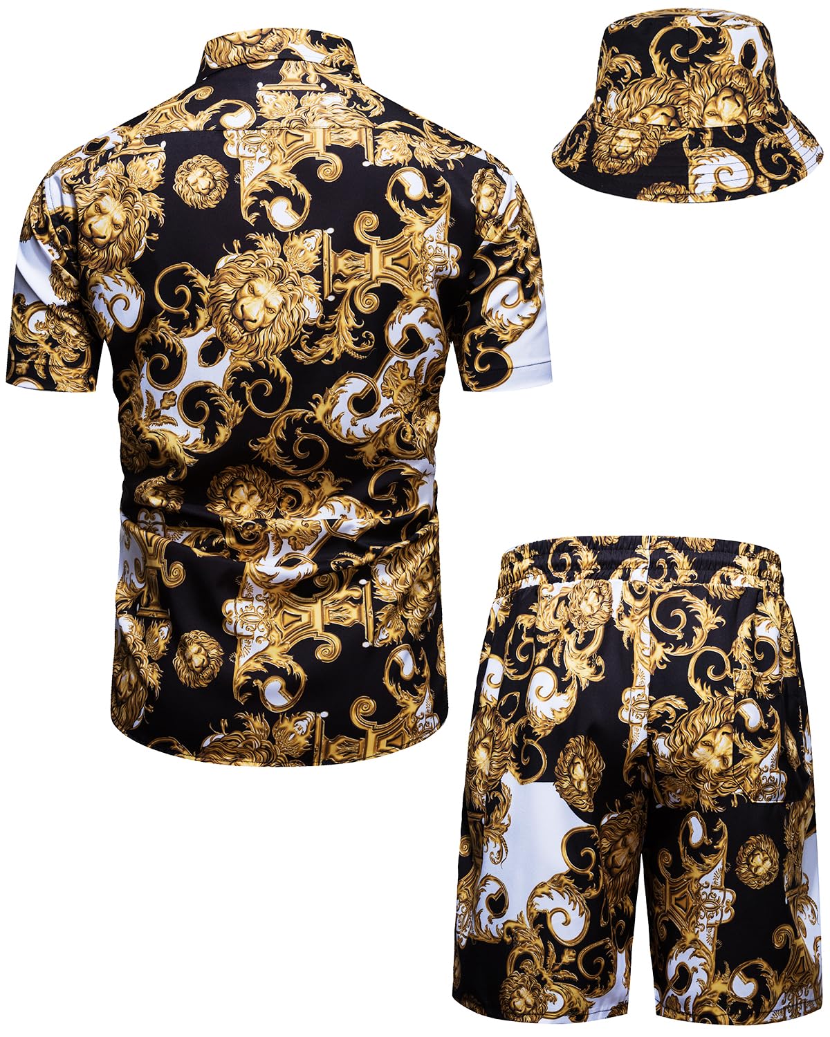 fohemr Mens Luxury Outfit Set Black Gold Shirts And Shorts 2 Piece Tracksuit Set Baroque Button Down Chain Print Suit with Bucket Hats 4X-Large