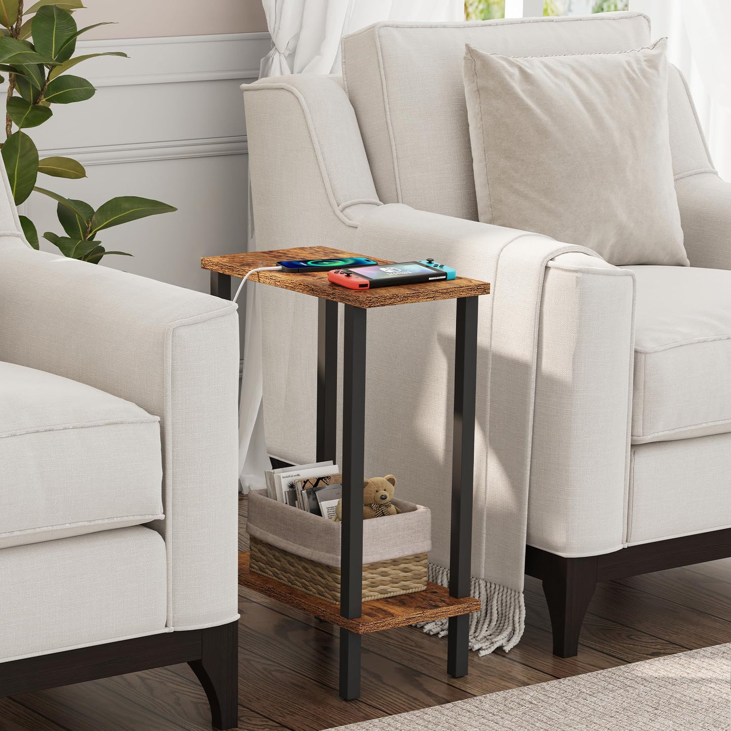 TUTOTAK Small Side Table, Narrow End Table, Set of 2, Skinny Sofa Table, Slim Nightstand, Couch Table, Living Room, Bed Room, Brown TB01BB0622