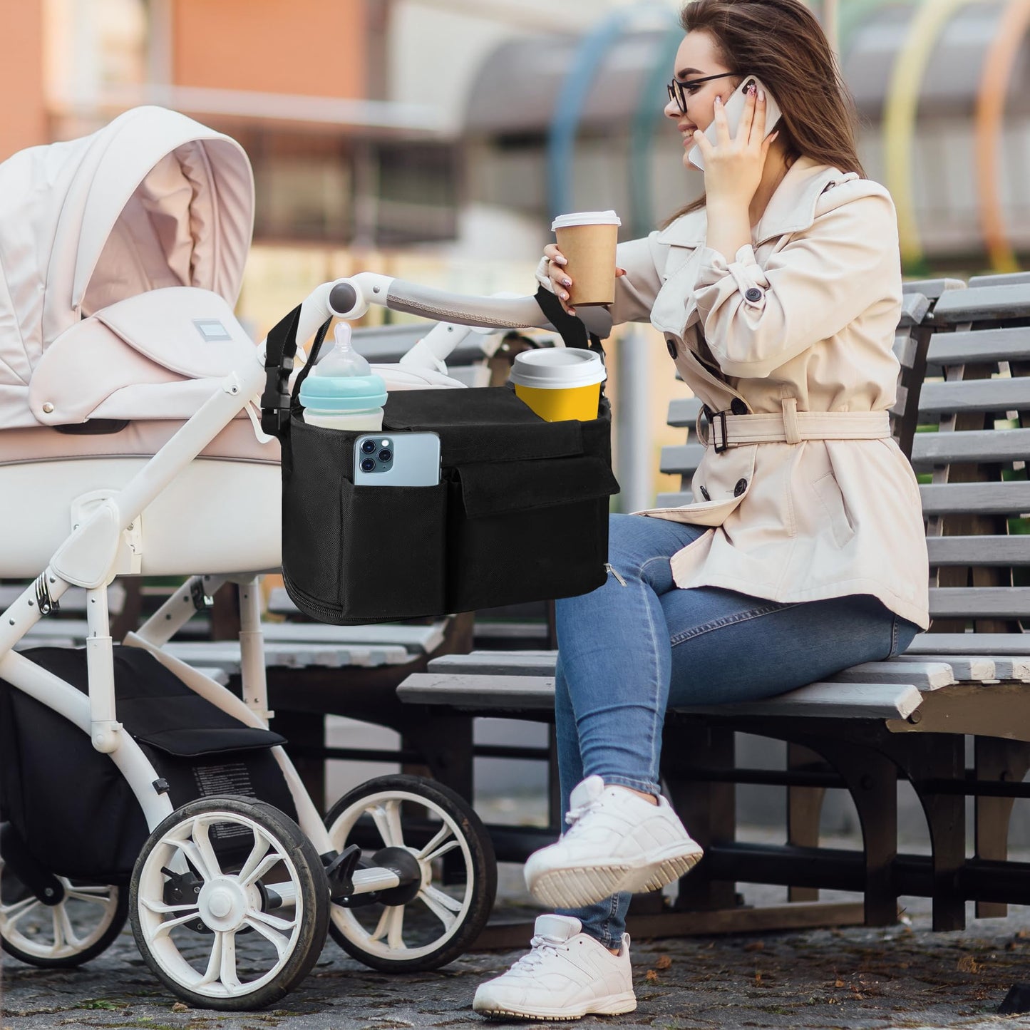 Rasfalo Universal Stroller Caddy Expandable Organizers & Detachable Shoulder Strap, Stroller Organizer With Cup Holder Fits for Stroller Like Uppababy, Baby Jogger, BOB, Doona, Britax