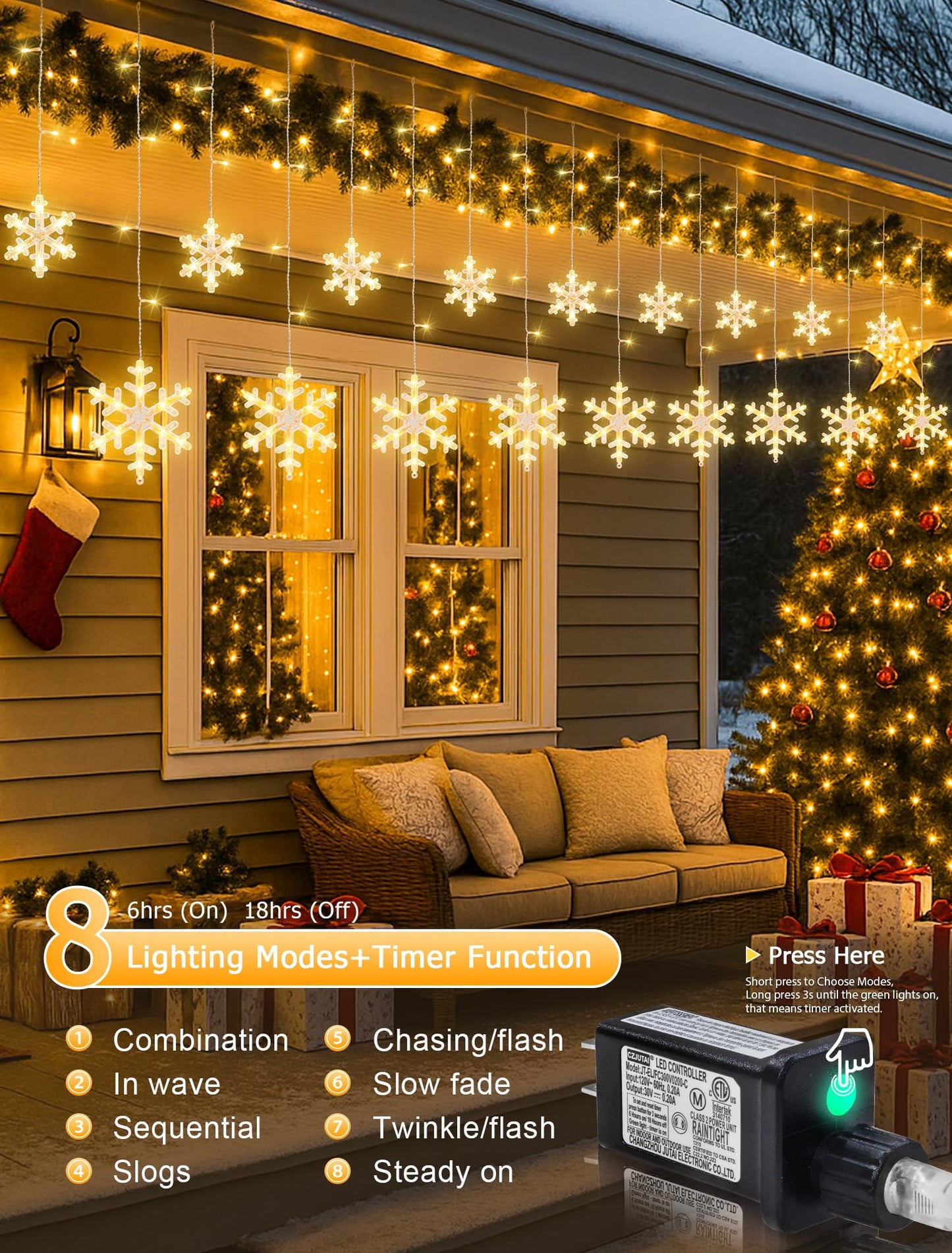 Qunlight Christmas Snowflake Lights,6.5ft 144LED Window Icicle Lights with 12 Drops,8 Modes Timer Connectable Curtain Light Plug in for Bedroom,Eaves,Wedding,Indoor Outdoor Xmas Decor,Warm White