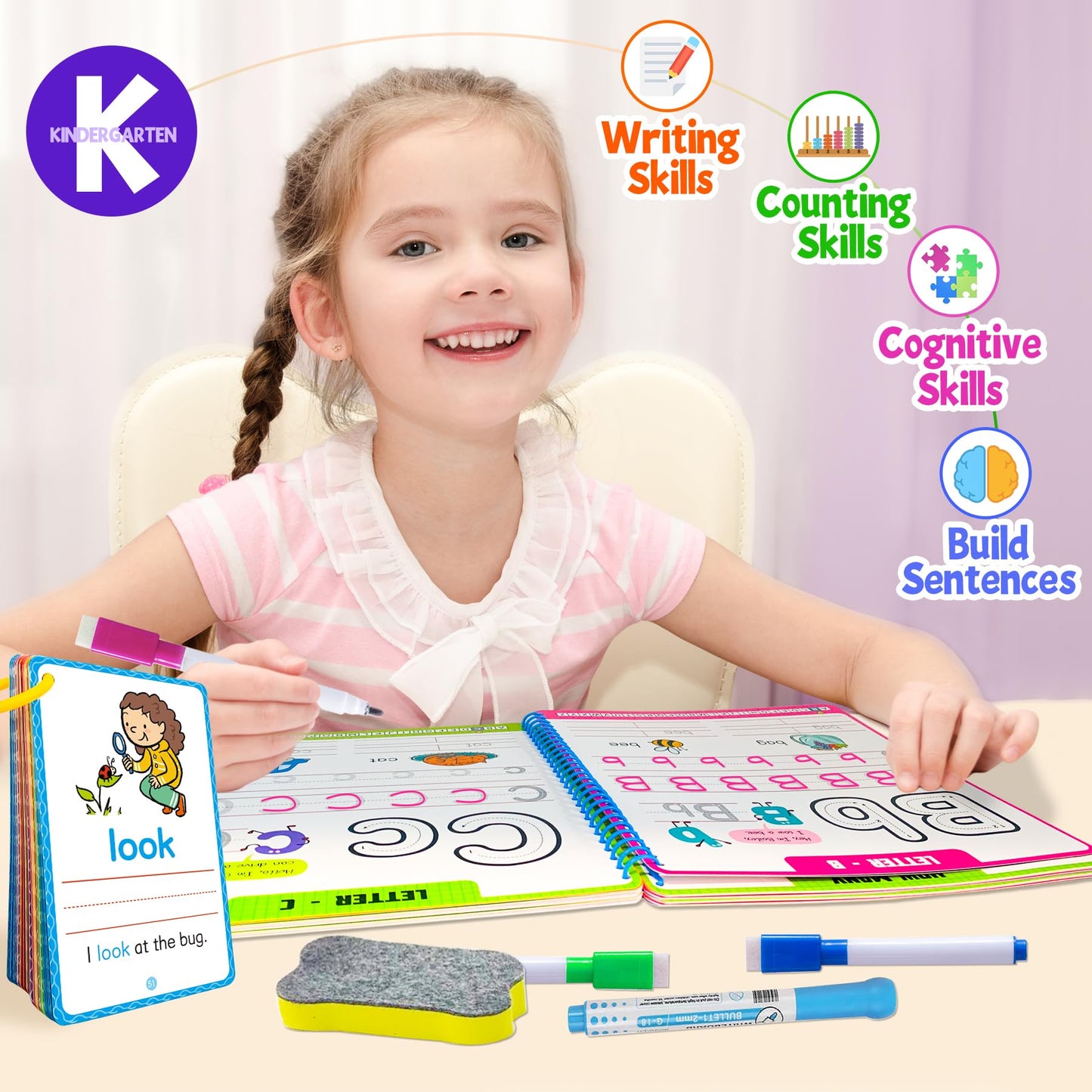 HOQEEWIPE Preschool Learning Activities - 60 Reusable Cards, Pre-K Kindergarten Workbook, Autism Supplies Montessori Educational Game, Sight Words & Handwriting Practice Book for Kids Ages 3 4 5 6