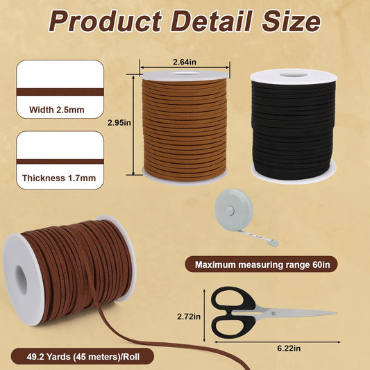 3 Colors Flat Suede Leather Cord, Larbeti 148 Yard Leather String Cord for Jewelry Making Thin Suede String Ribbon Lace for Crafts, Hats, Shoes, Necklaces, Bracelets with Scissors, Ruler