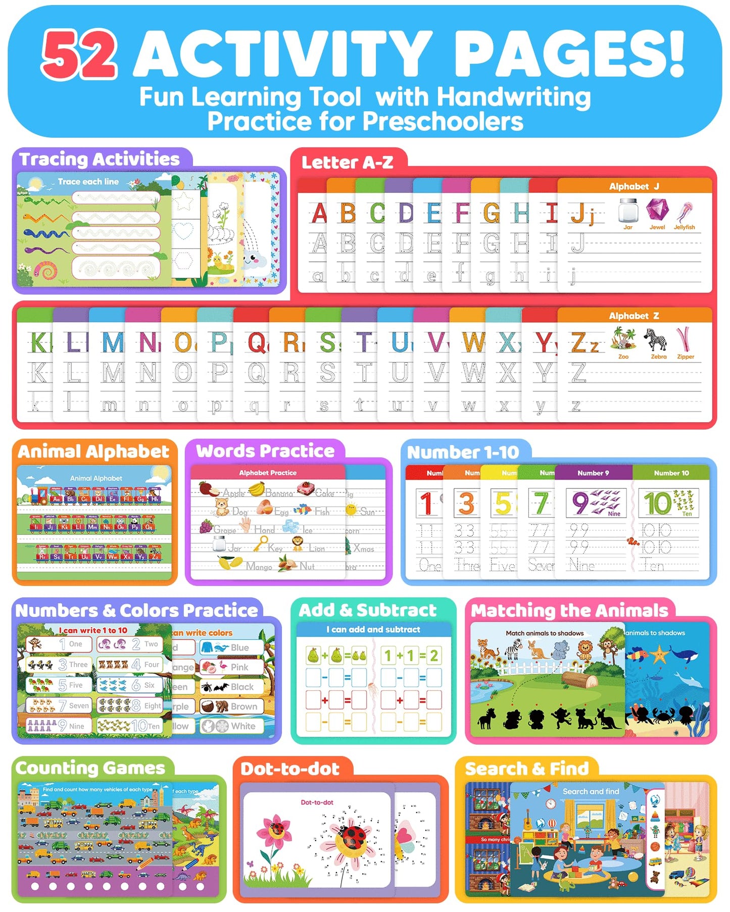 Walenty Preschool Learning Activities Kindergarten Workbooks, Toddler Busy Book Handwriting Practice Activity, Tracing Book for Kids 3-5, Montessori Educational Toys Gifts for 3 4 5 Year Old Boy Girl