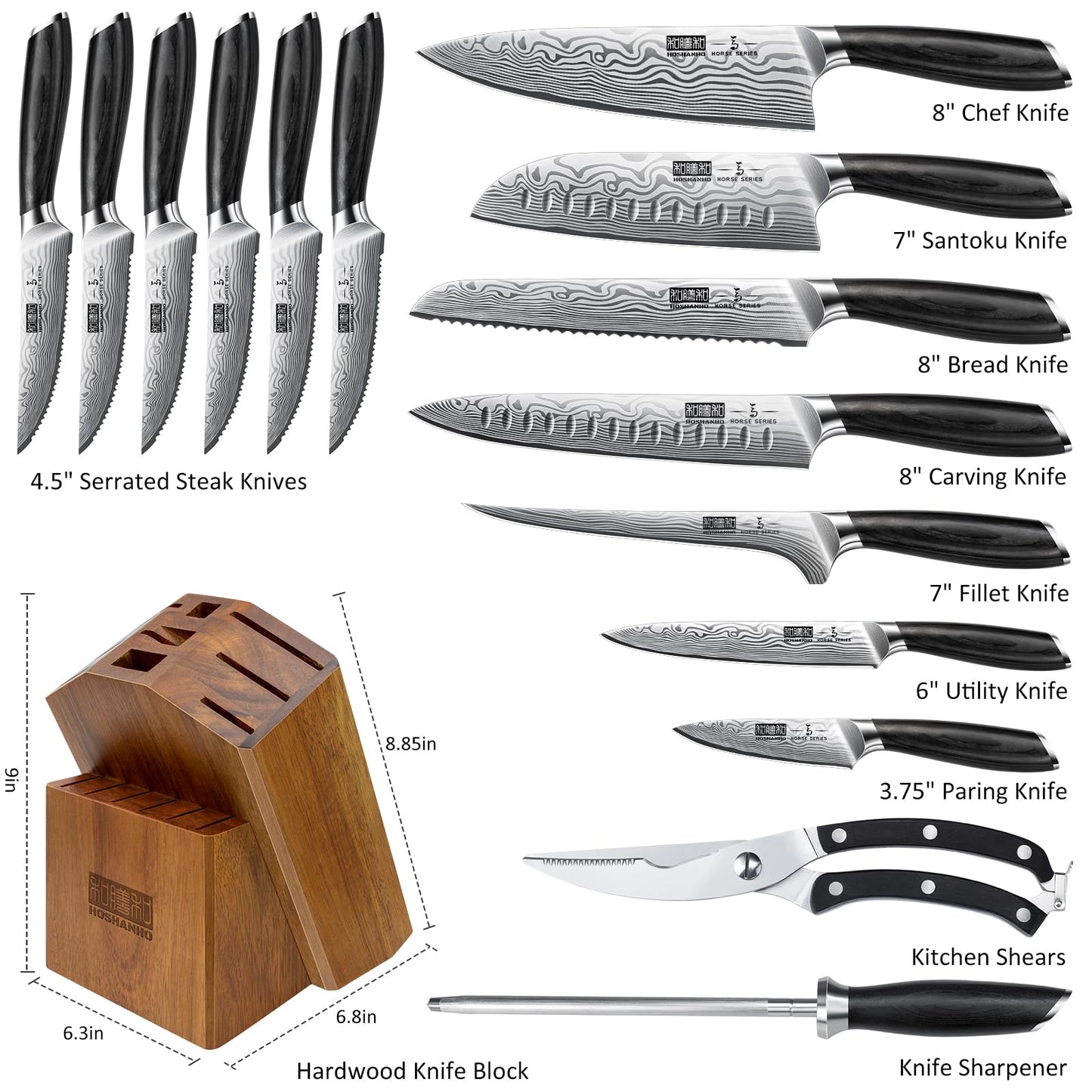 HOSHANHO 16-Piece Knife Set with Block, Ultra Sharp High Carbon Powder Steel Knife Block Set, Chef Knife Set Professional Kitchen Knives Set with Sharpener and Pakkawood Handle