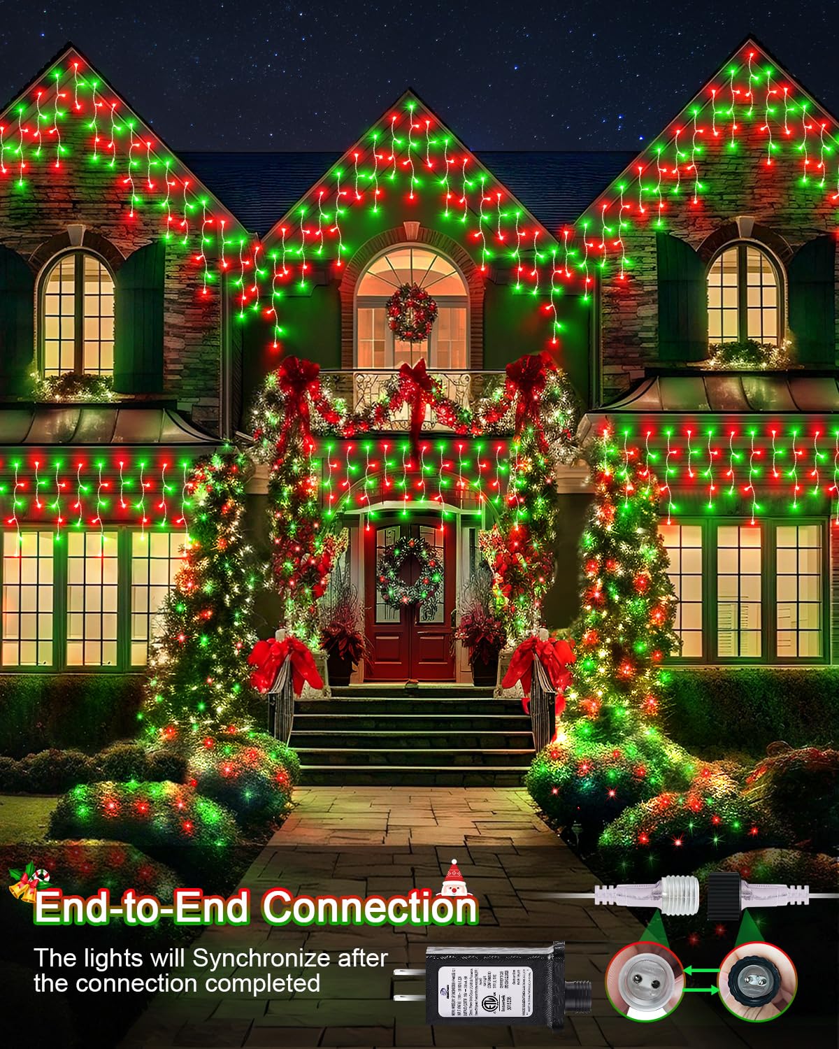 JIXXULVU Christmas Lights Outdoor, 53 FT 486 LED Christmas Lights for Outside, Timer & Memory, Plug in 8 Modes Hanging Fairy Light with 108 Drops for House Eaves Yard Patio Decorations, Red Green