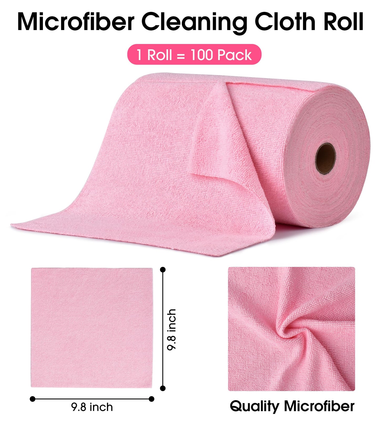 KitchLife Microfiber Cleaning Cloth Roll, 100 Pack - Tear-Away Towels, Lint-Free, Reusable, Washable for Kitchen, Car, Dishes, and Sensitive Surfaces (Pink)