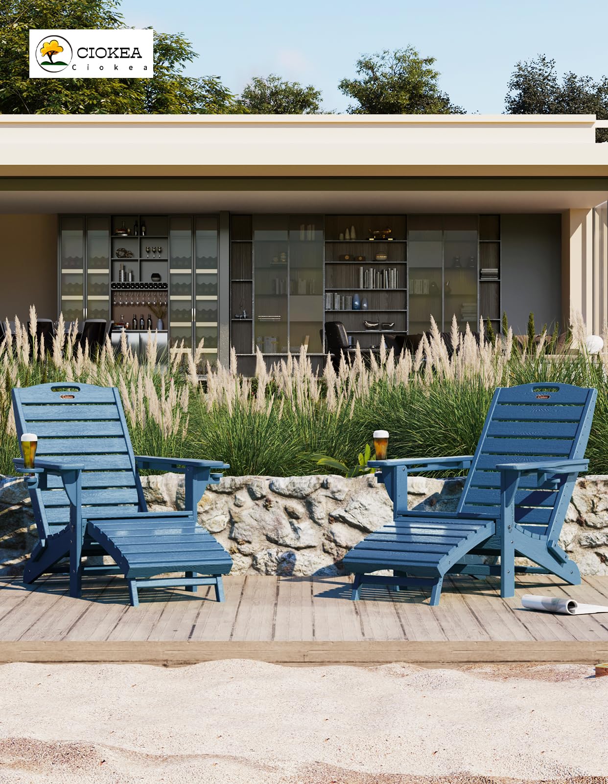 Ciokea Folding Adirondack Chair Set of 2 with Retractable Ottoman Fire Pit Patio Chair with Pull Out Foot Rest Weather Resistant Lawn Outdoor Chair with 2 Cup Holder (Navy Blue)