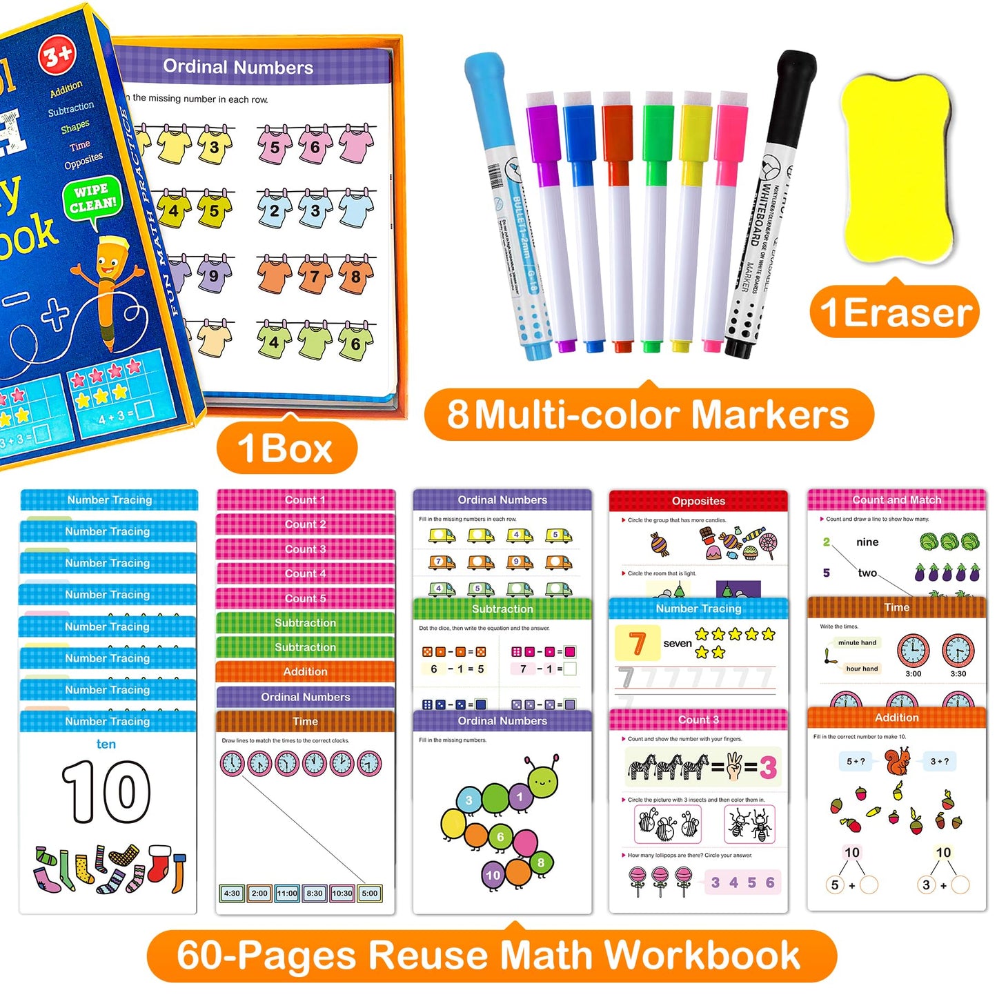 Hulupiggy Preschool Learning Activities 60 Reusable Pages, Number Tracing Addition Subtraction Math Practice Kindergarten Workbook, Educational Fine Motor Toddler Learning Toys for 3 4 5 Year Olds